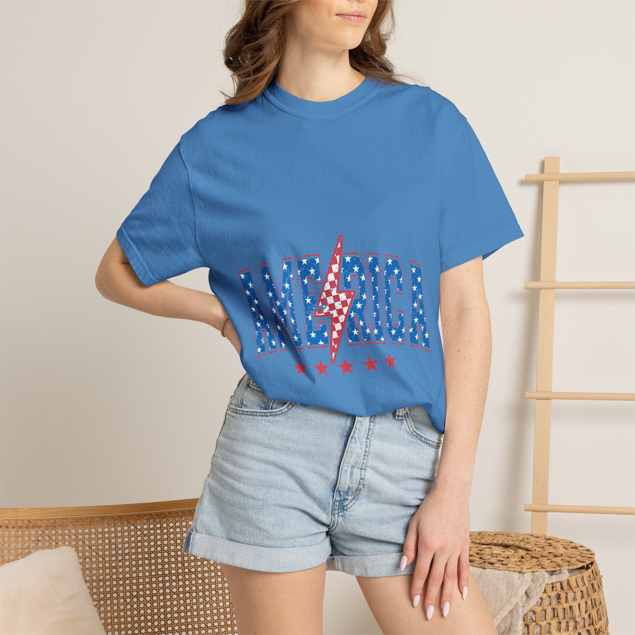 America Lightning Bolt T-Shirt — Patriotic USA Flag Print with Stars