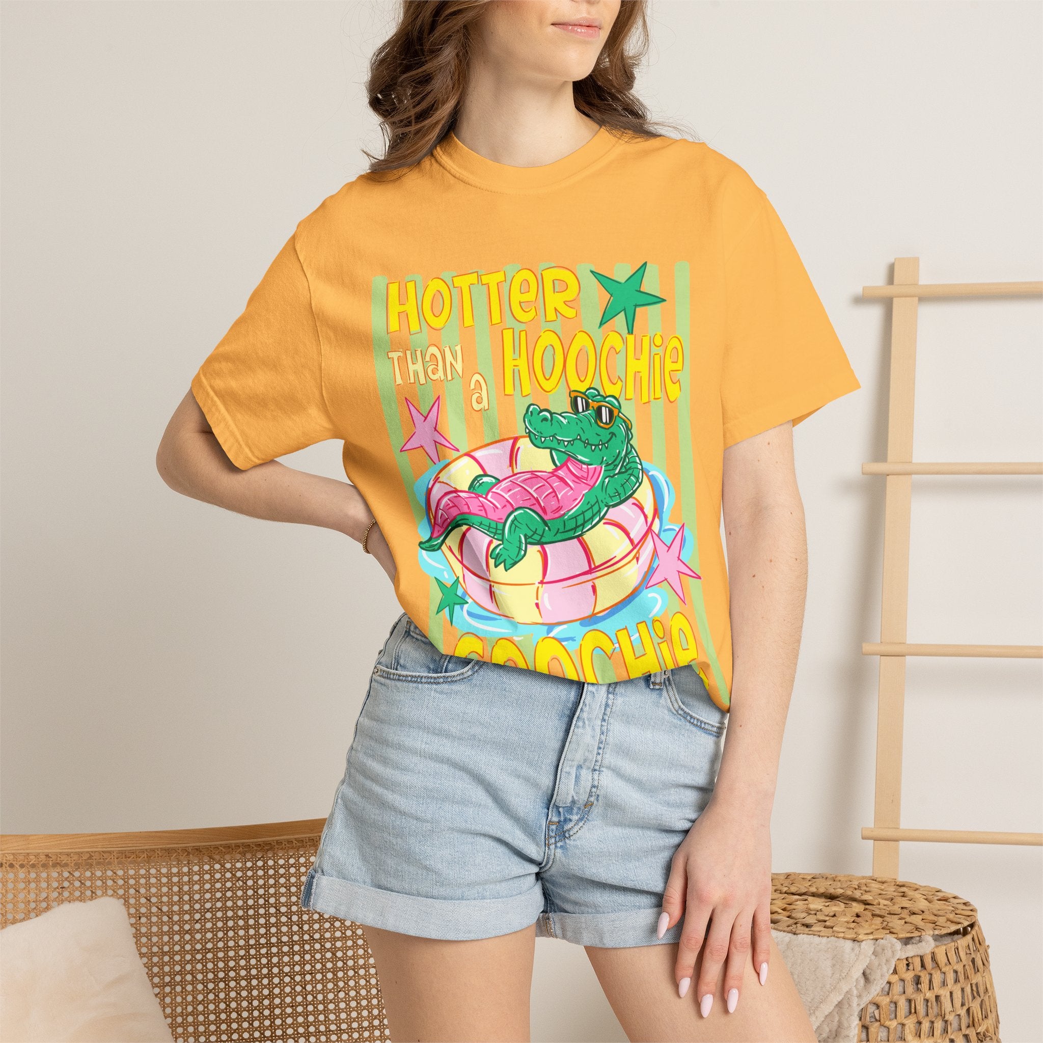 Graphic T-Shirt — “Hotter Than Hoochie Coochie” Retro Pool Float Design