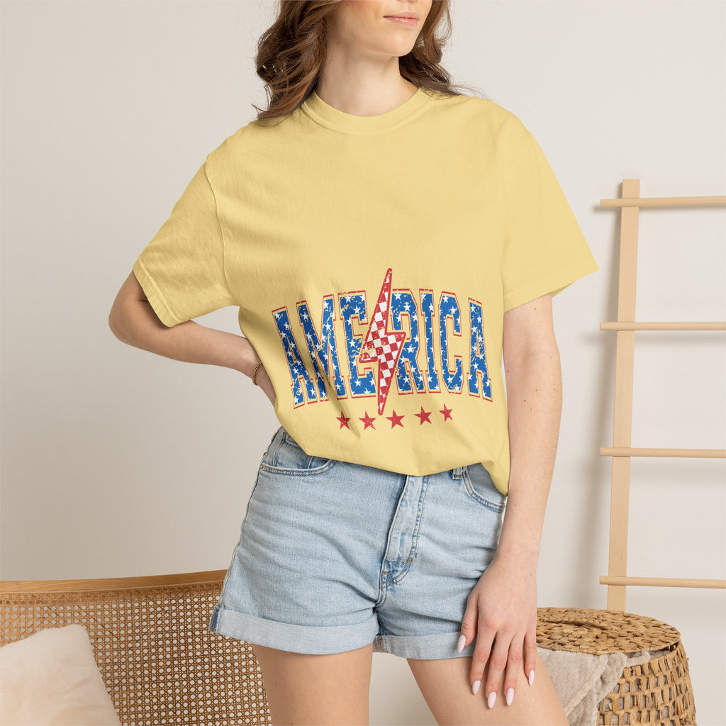 America Lightning Bolt T-Shirt — Patriotic USA Flag Print with Stars