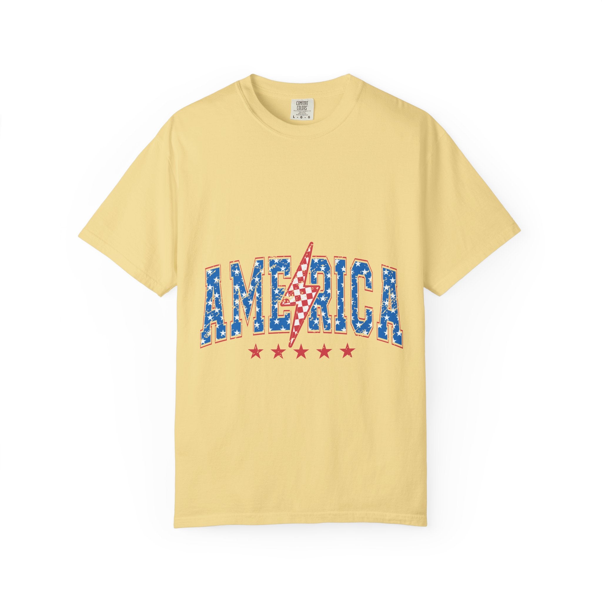 America Lightning Bolt T-Shirt — Patriotic USA Flag Print with Stars