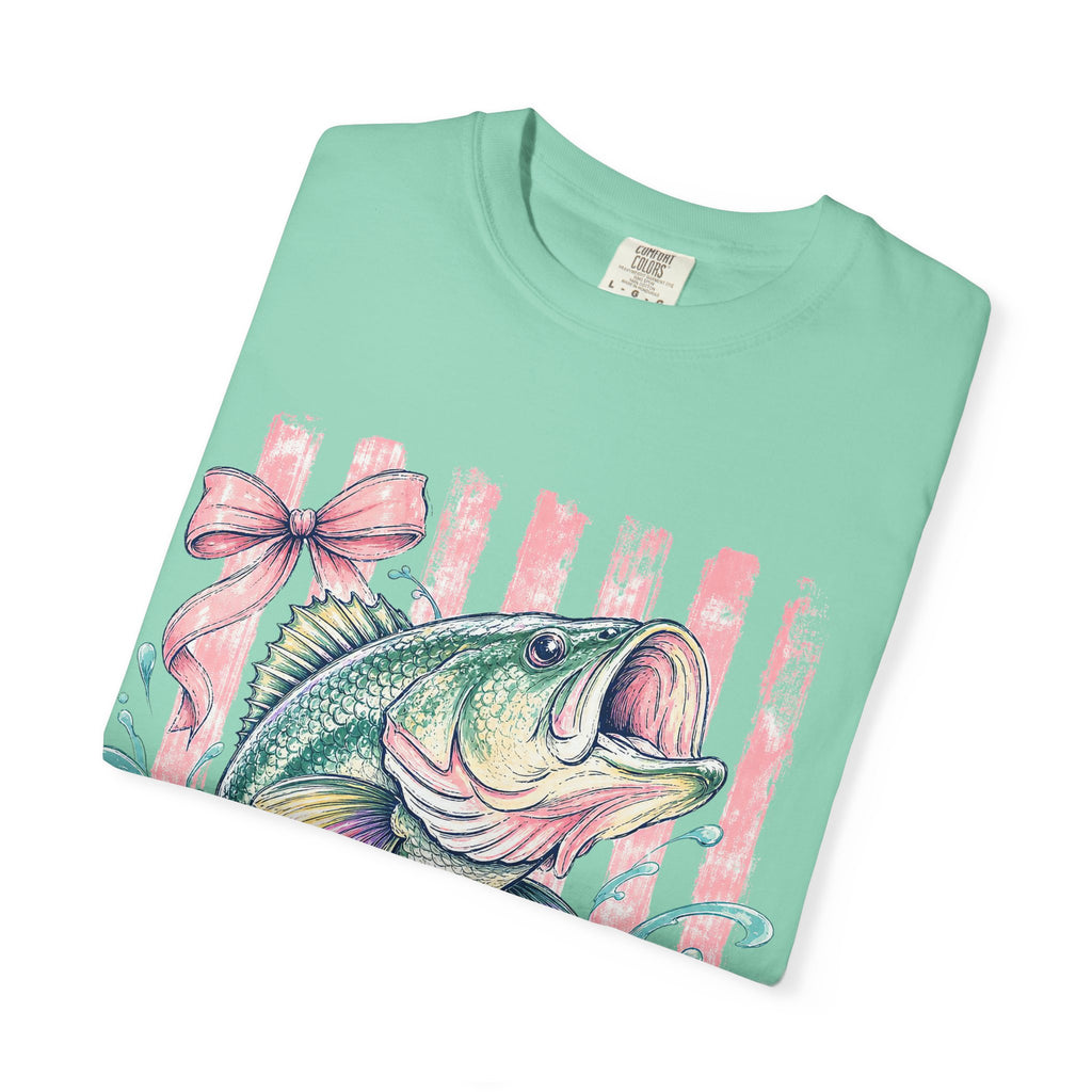 Bass Fish T-Shirt — Pastel Fishing Graphic Tee (Striped Background)