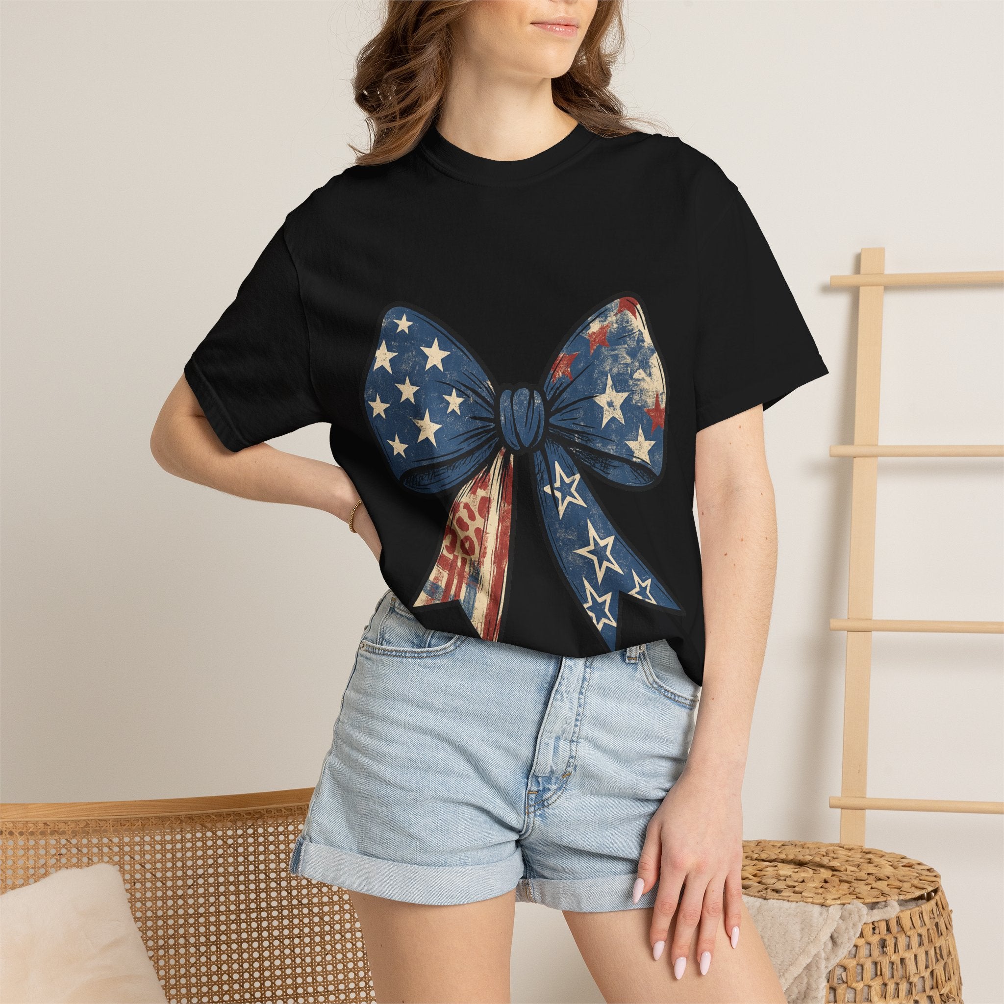 Patriotic Bow T-Shirt — American Flag Bow Graphic Tee for 4th of July