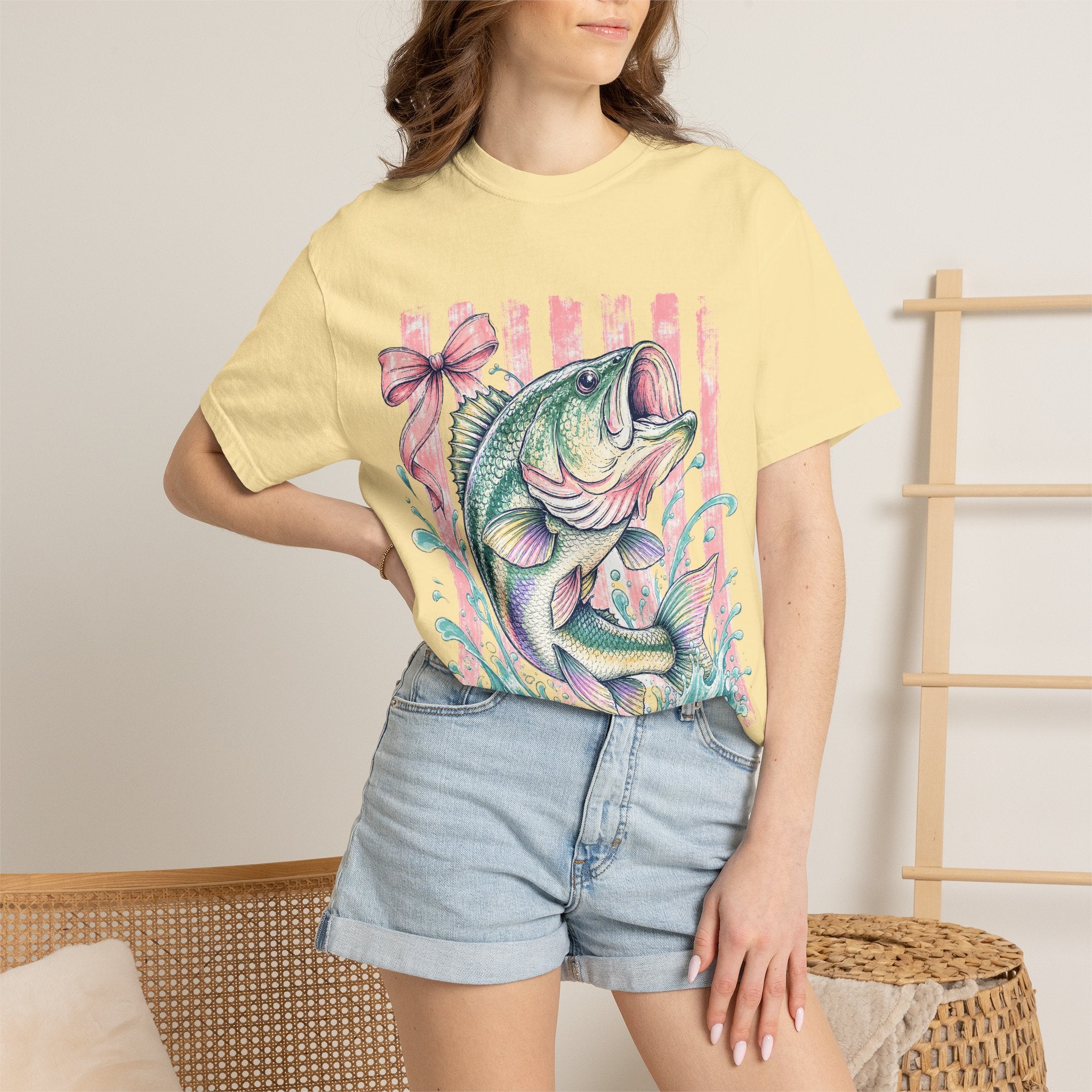 Bass Fish T-Shirt — Pastel Fishing Graphic Tee (Striped Background)