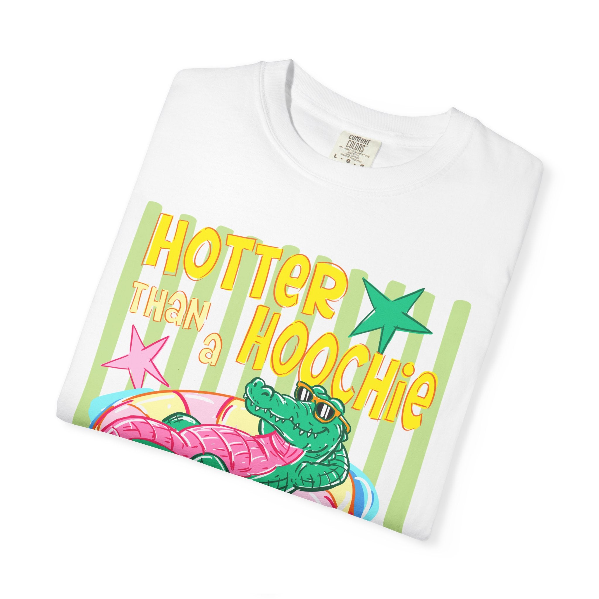 Graphic T-Shirt — “Hotter Than Hoochie Coochie” Retro Pool Float Design