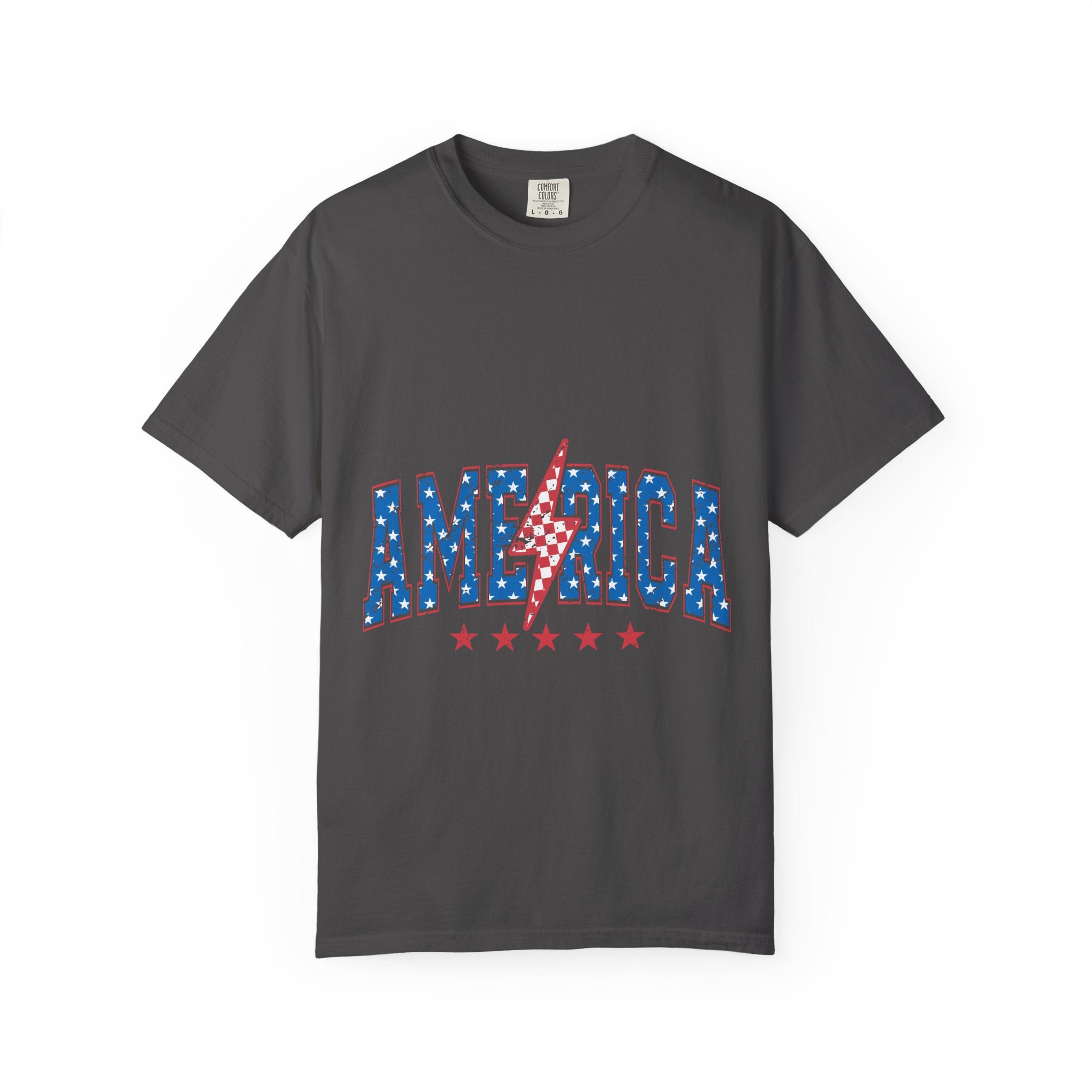 America Lightning Bolt T-Shirt — Patriotic USA Flag Print with Stars