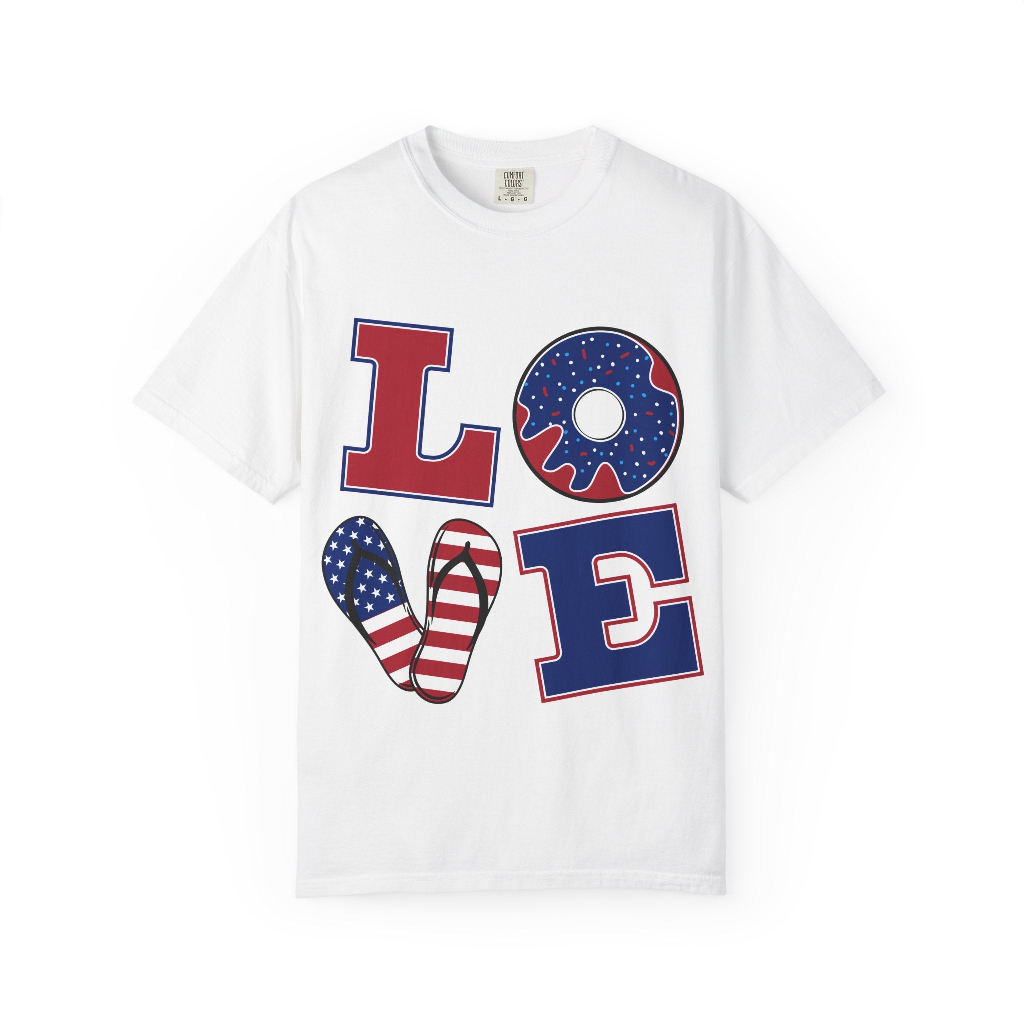 Patriotic 'LOVE' Graphic T-Shirt — American Flag Donut & Flip-Flop Design