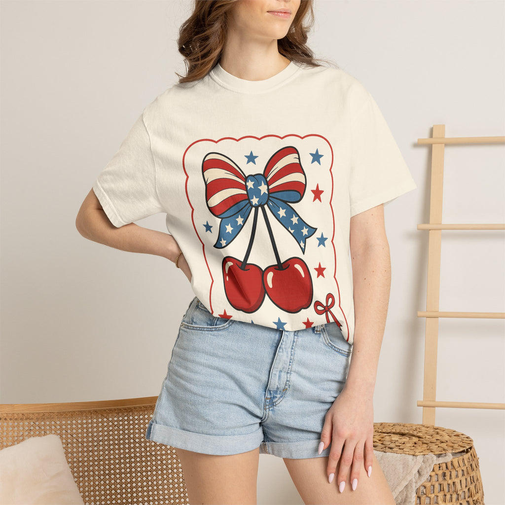 Patriotic Cherry Bow T-Shirt — American Flag Stars & Stripes Graphic