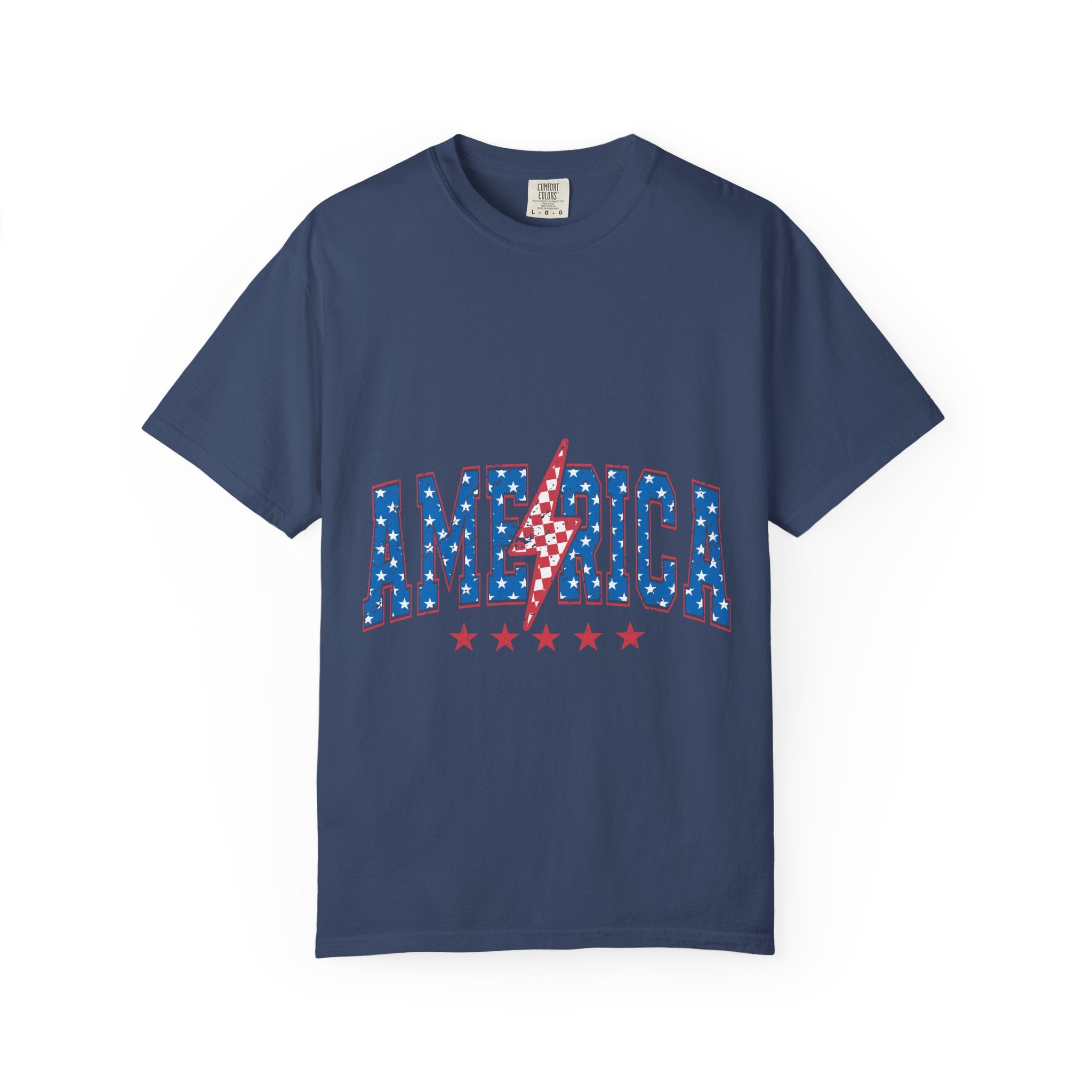 America Lightning Bolt T-Shirt — Patriotic USA Flag Print with Stars