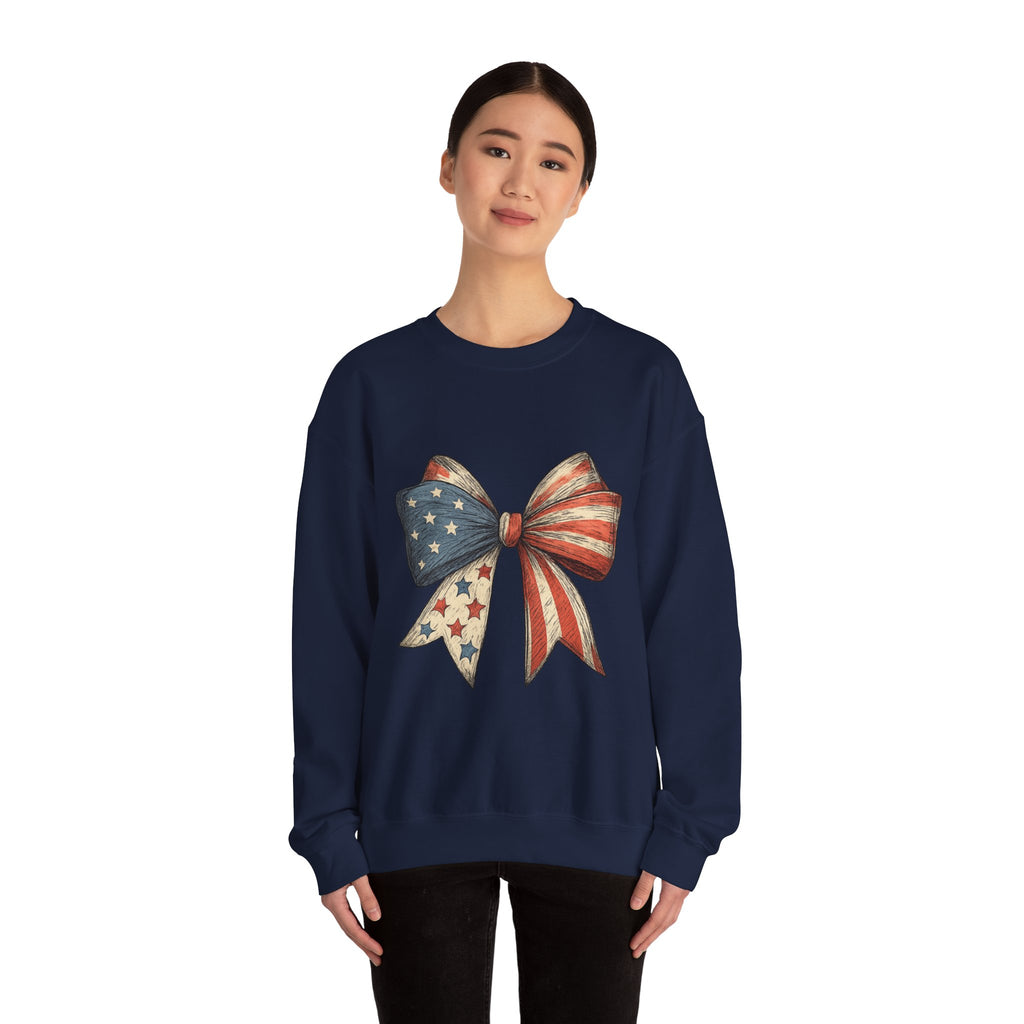 American Flag Bow Crewneck Sweatshirt — Patriotic Stars & Stripes Pullover