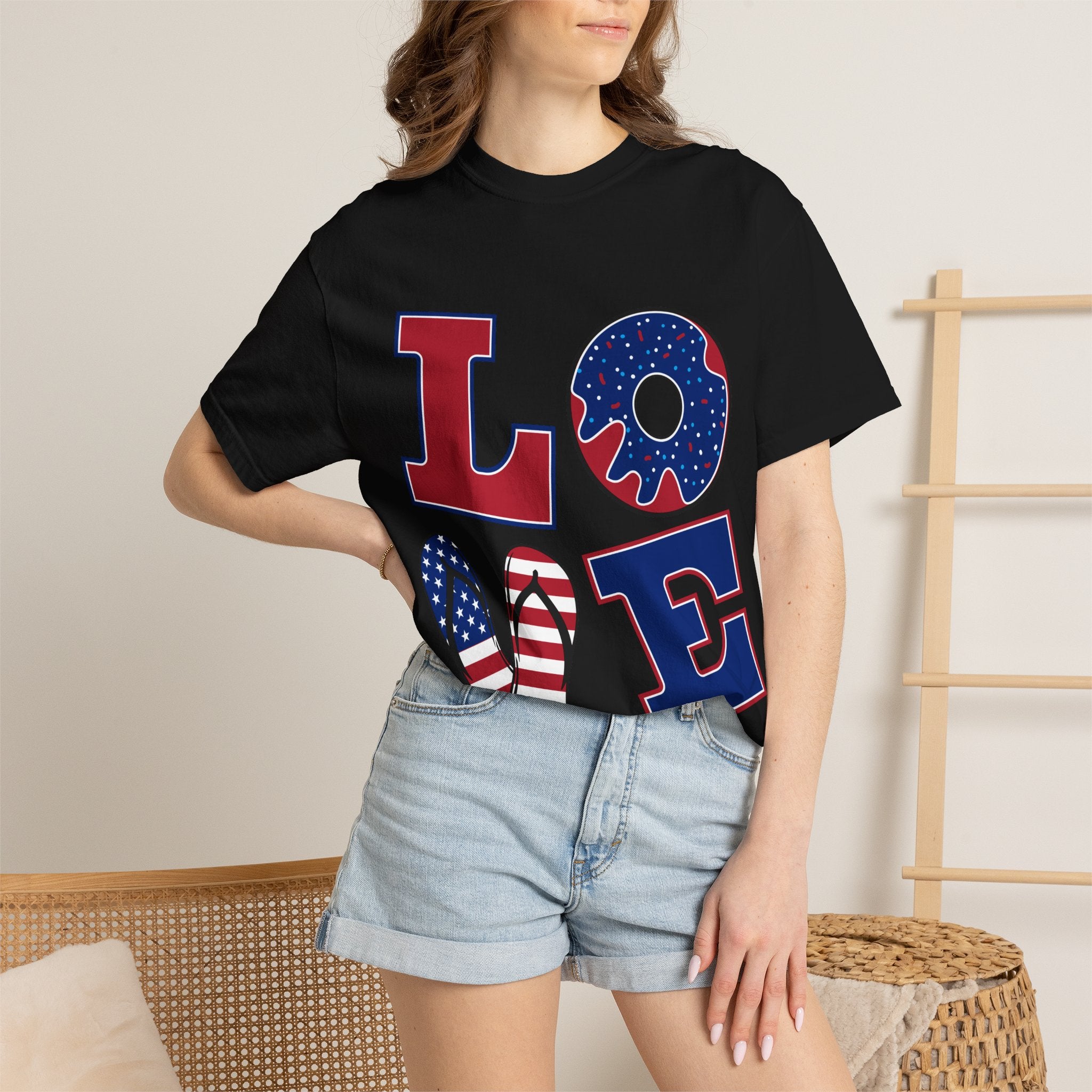 Patriotic 'LOVE' Graphic T-Shirt — American Flag Donut & Flip-Flop Design