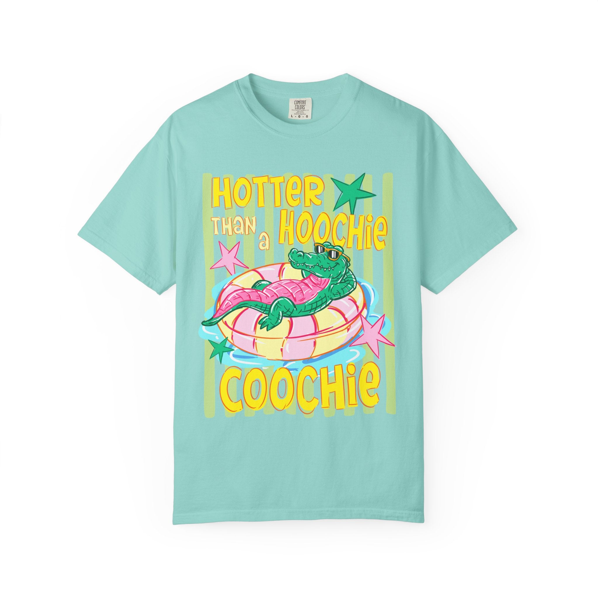 Graphic T-Shirt — “Hotter Than Hoochie Coochie” Retro Pool Float Design