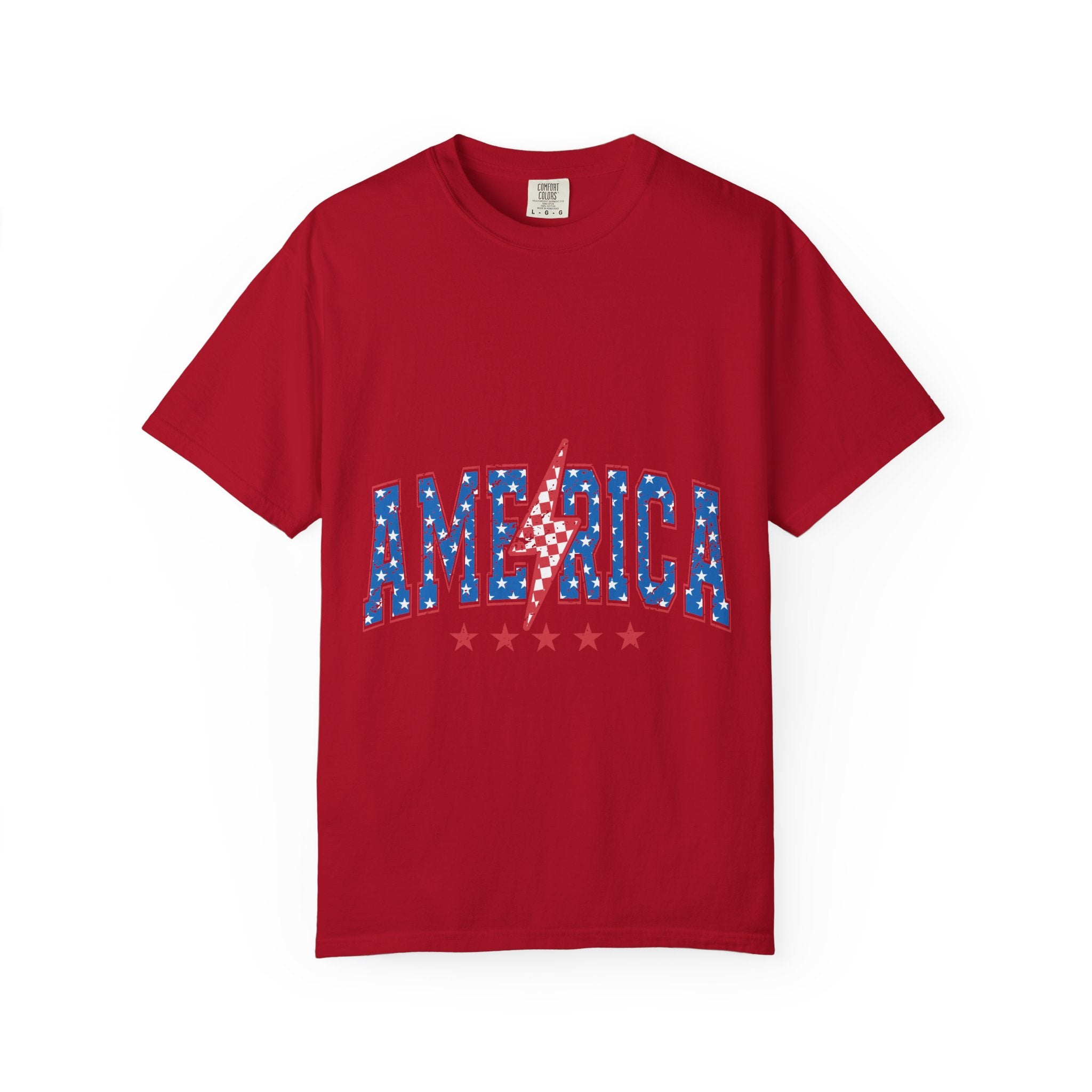 America Lightning Bolt T-Shirt — Patriotic USA Flag Print with Stars