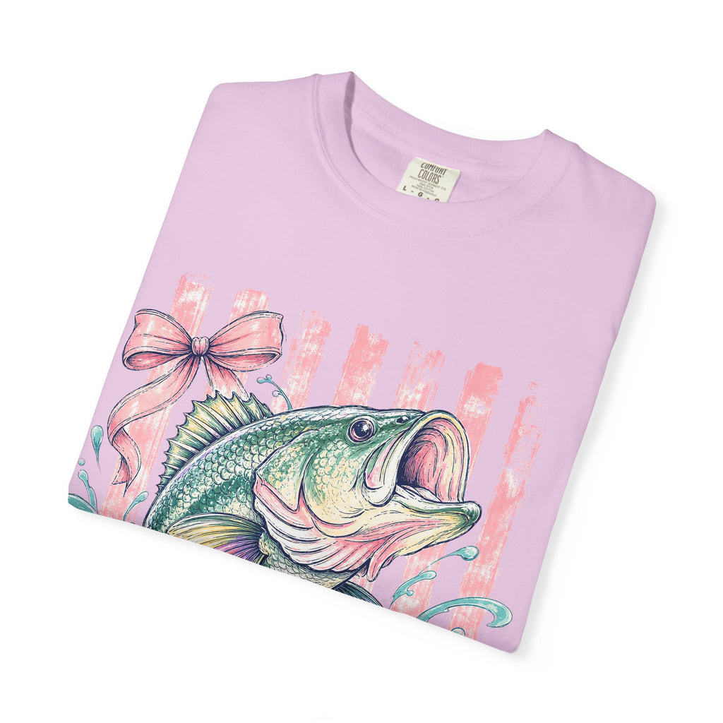 Bass Fish T-Shirt — Pastel Fishing Graphic Tee (Striped Background)