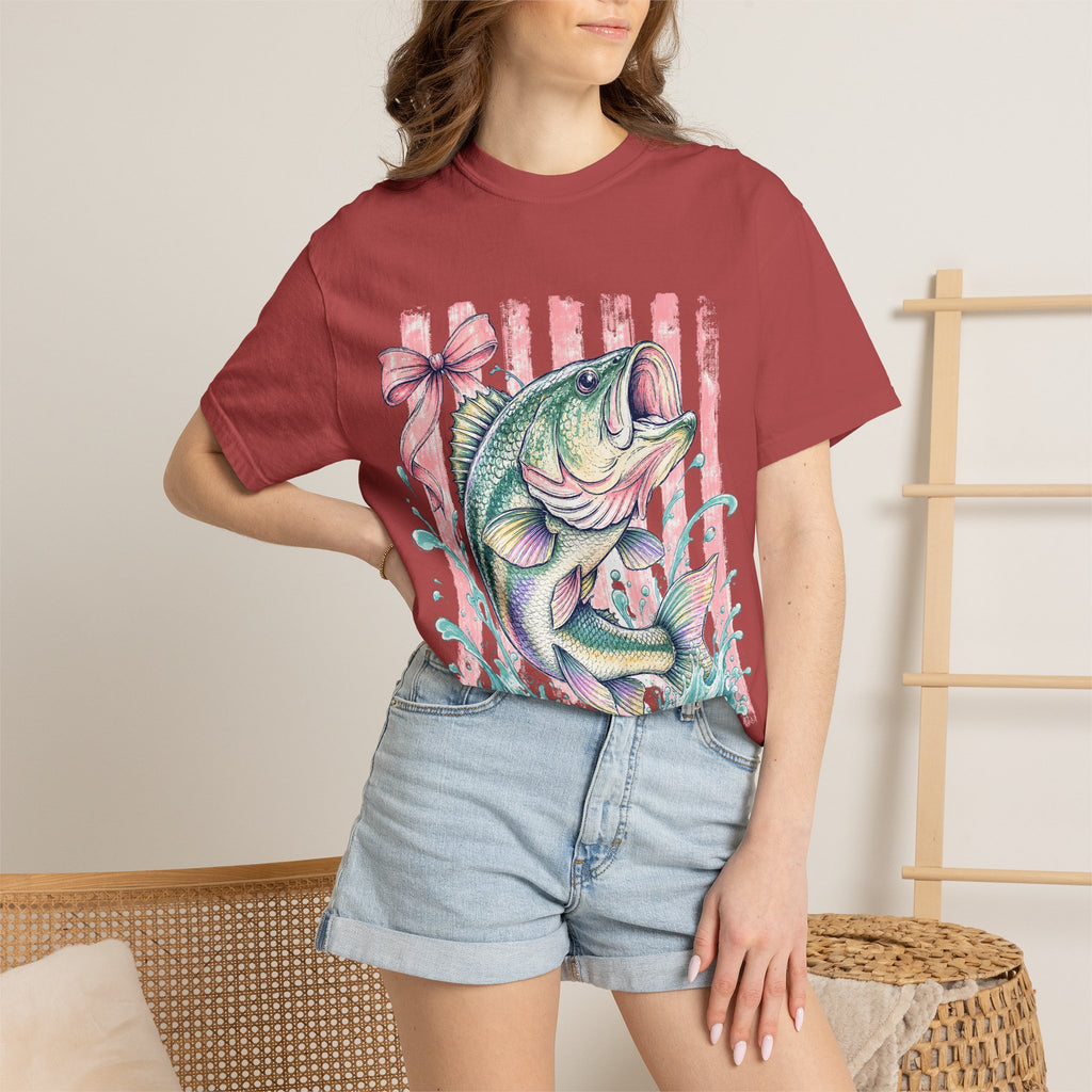 Bass Fish T-Shirt — Pastel Fishing Graphic Tee (Striped Background)