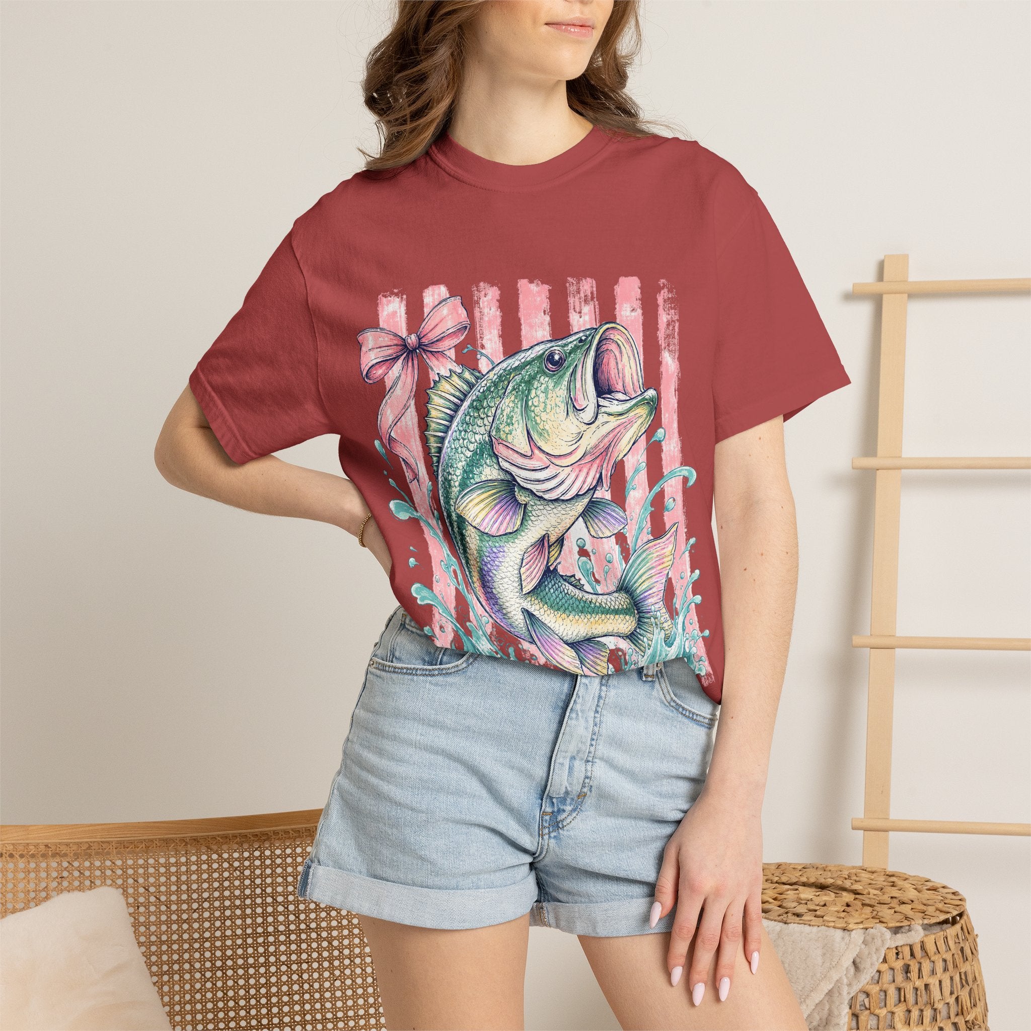 Bass Fish T-Shirt — Pastel Fishing Graphic Tee (Striped Background)