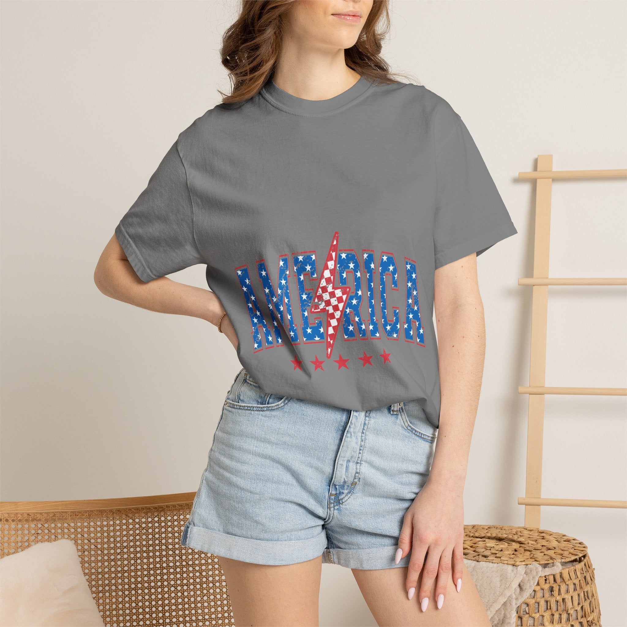America Lightning Bolt T-Shirt — Patriotic USA Flag Print with Stars