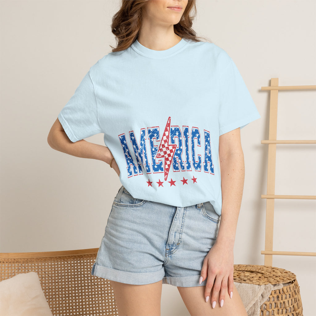 America Lightning Bolt T-Shirt — Patriotic USA Flag Print with Stars