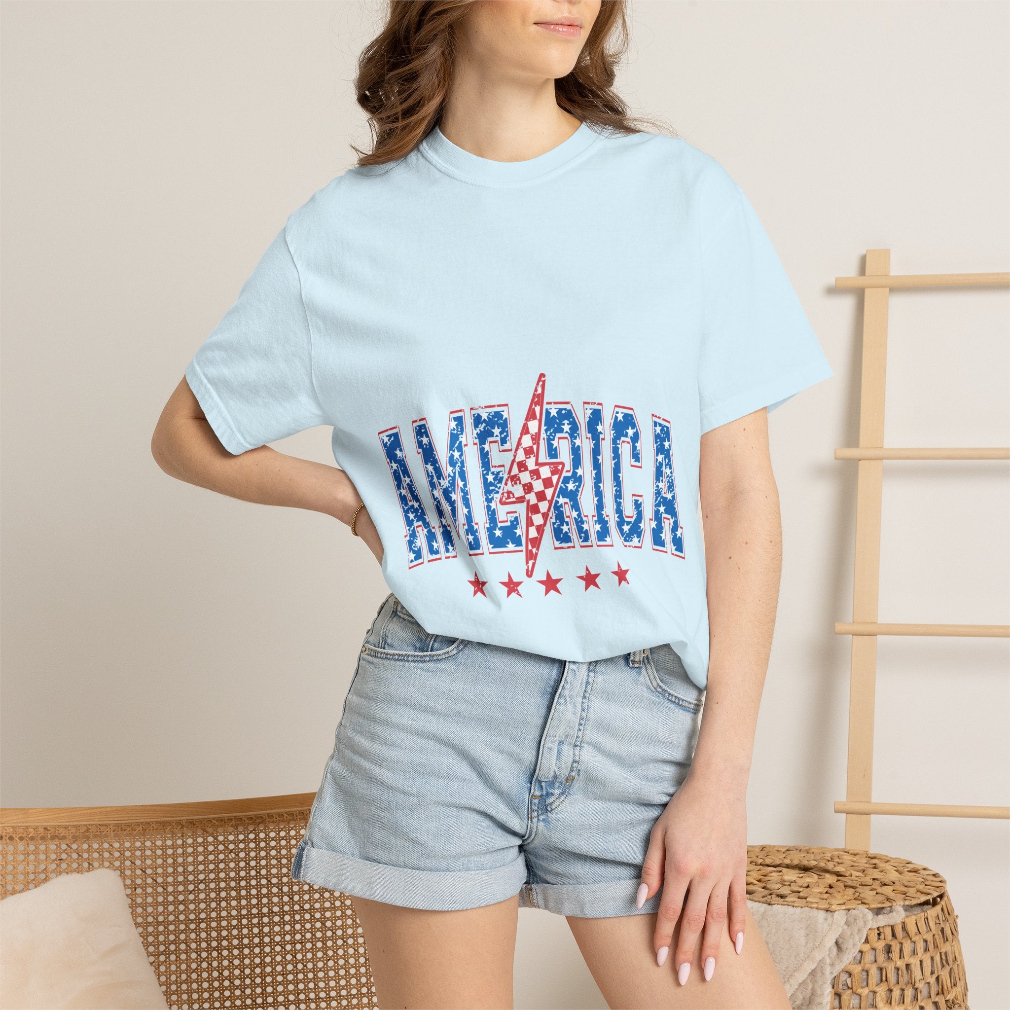 America Lightning Bolt T-Shirt — Patriotic USA Flag Print with Stars