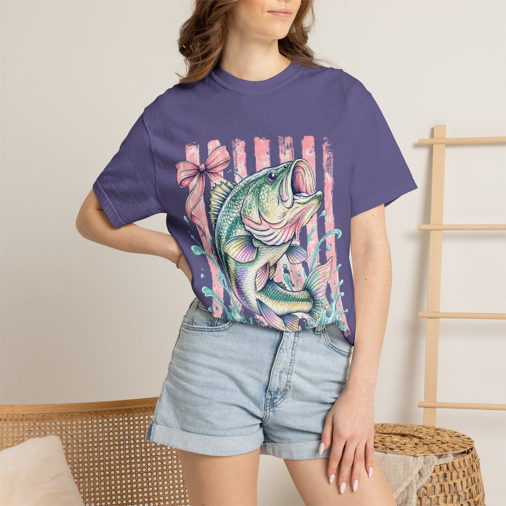 Bass Fish T-Shirt — Pastel Fishing Graphic Tee (Striped Background)