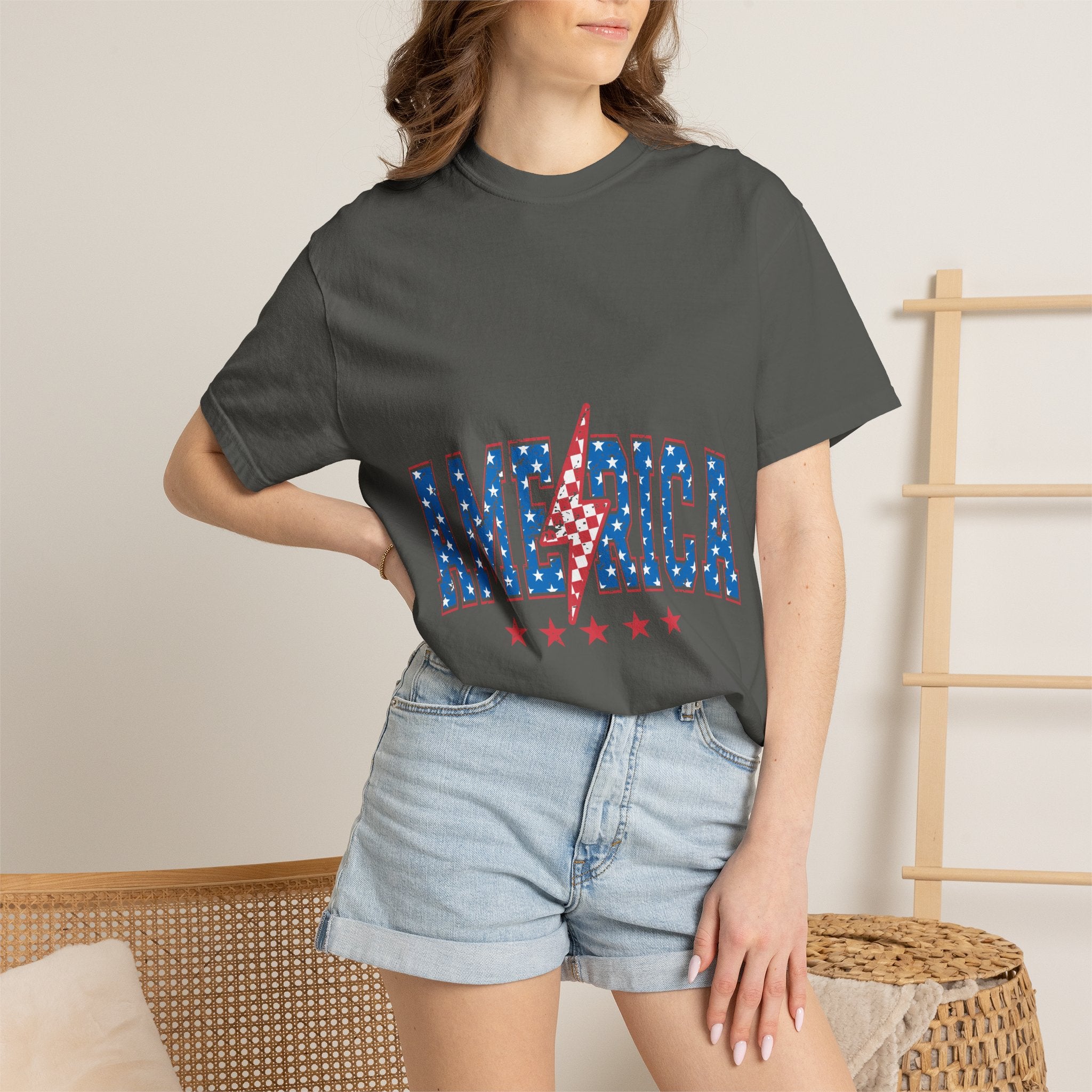 America Lightning Bolt T-Shirt — Patriotic USA Flag Print with Stars