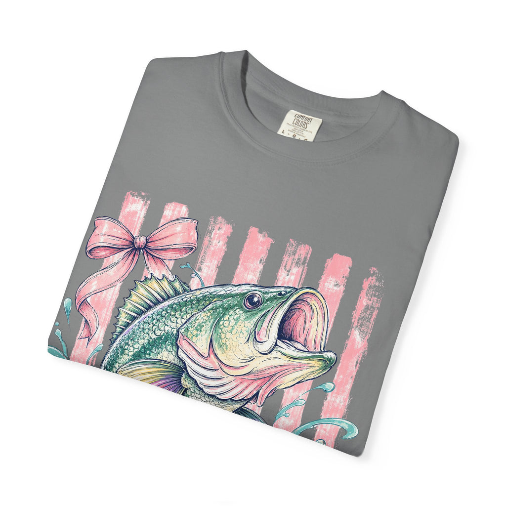 Bass Fish T-Shirt — Pastel Fishing Graphic Tee (Striped Background)