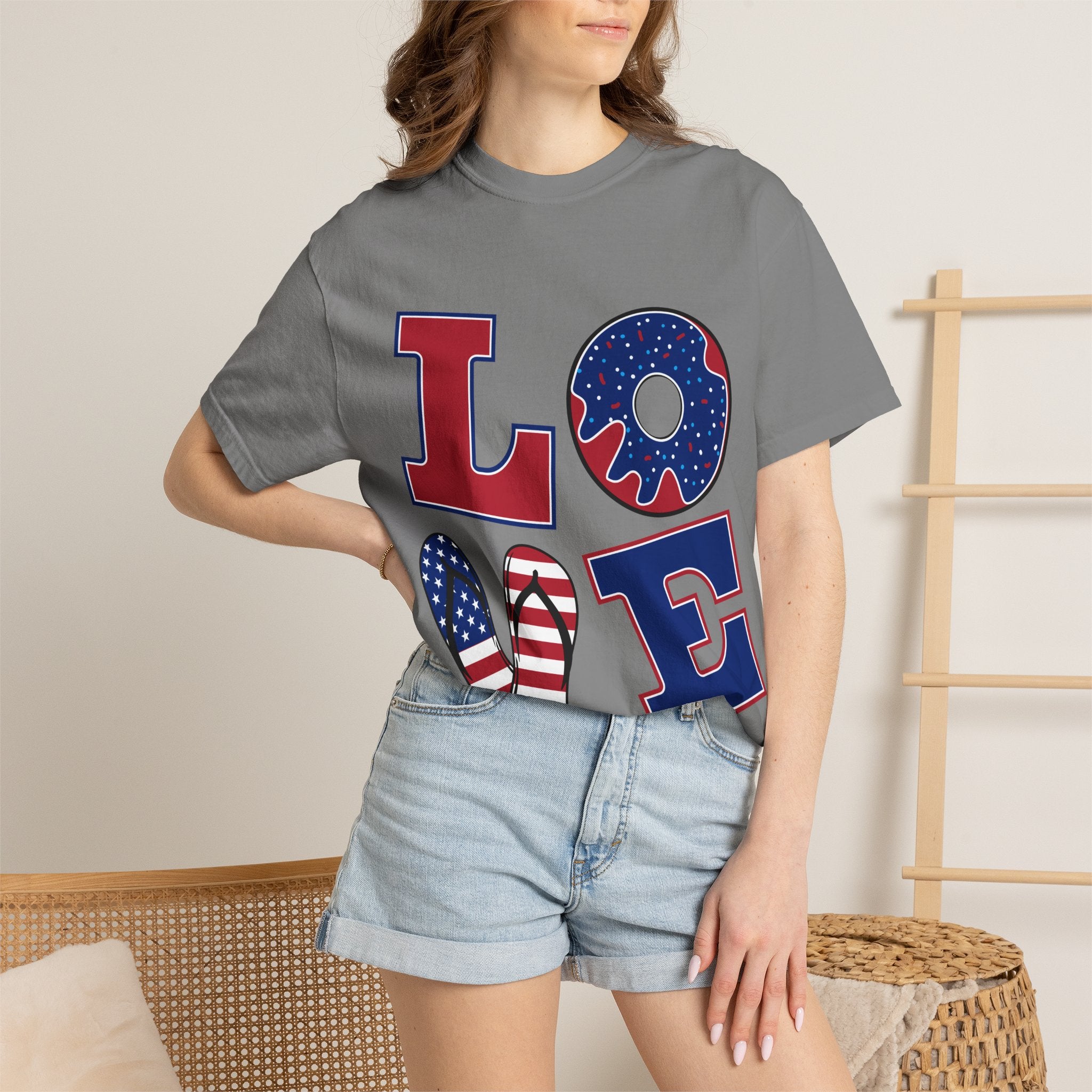 Patriotic 'LOVE' Graphic T-Shirt — American Flag Donut & Flip-Flop Design