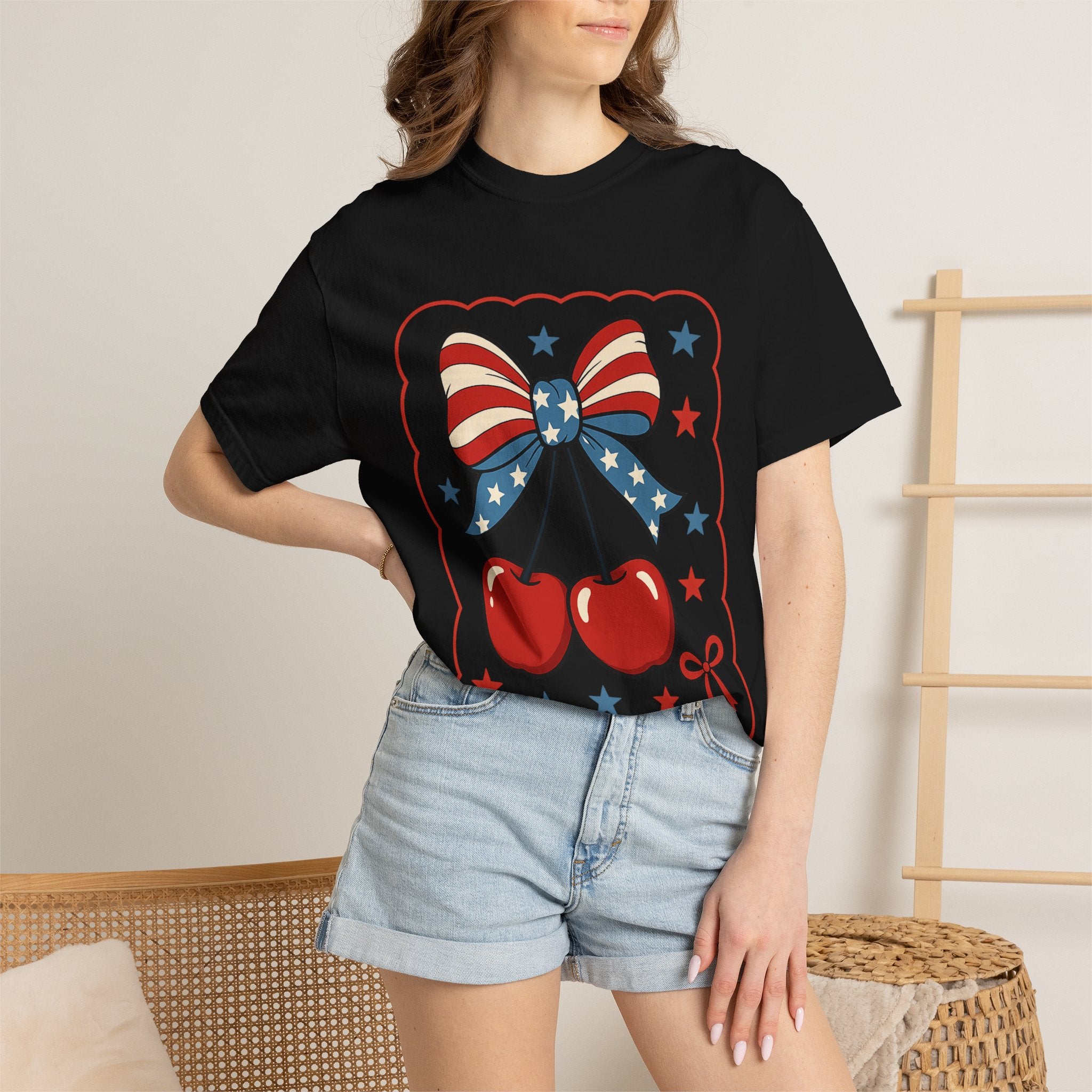 Patriotic Cherry Bow T-Shirt — American Flag Stars & Stripes Graphic