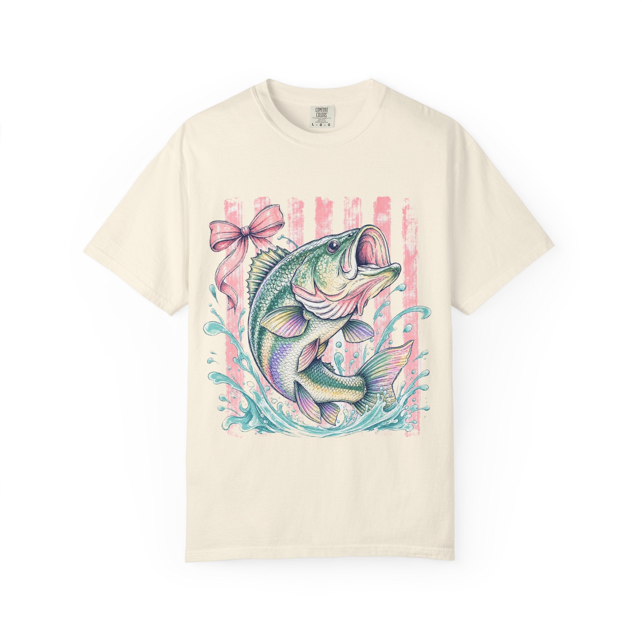 Bass Fish T-Shirt — Pastel Fishing Graphic Tee (Striped Background)