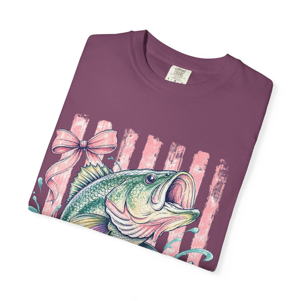 Bass Fish T-Shirt — Pastel Fishing Graphic Tee (Striped Background)