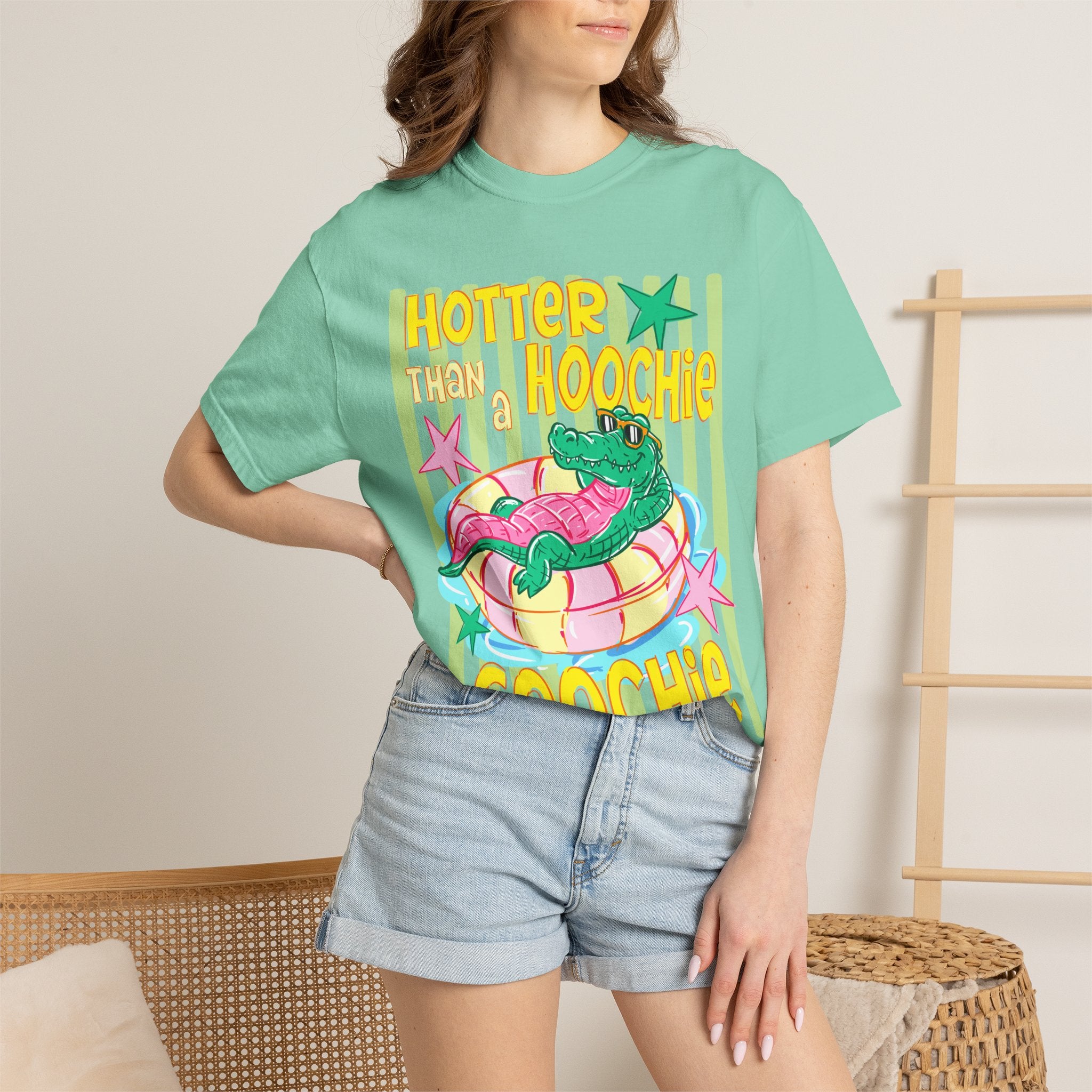 Graphic T-Shirt — “Hotter Than Hoochie Coochie” Retro Pool Float Design