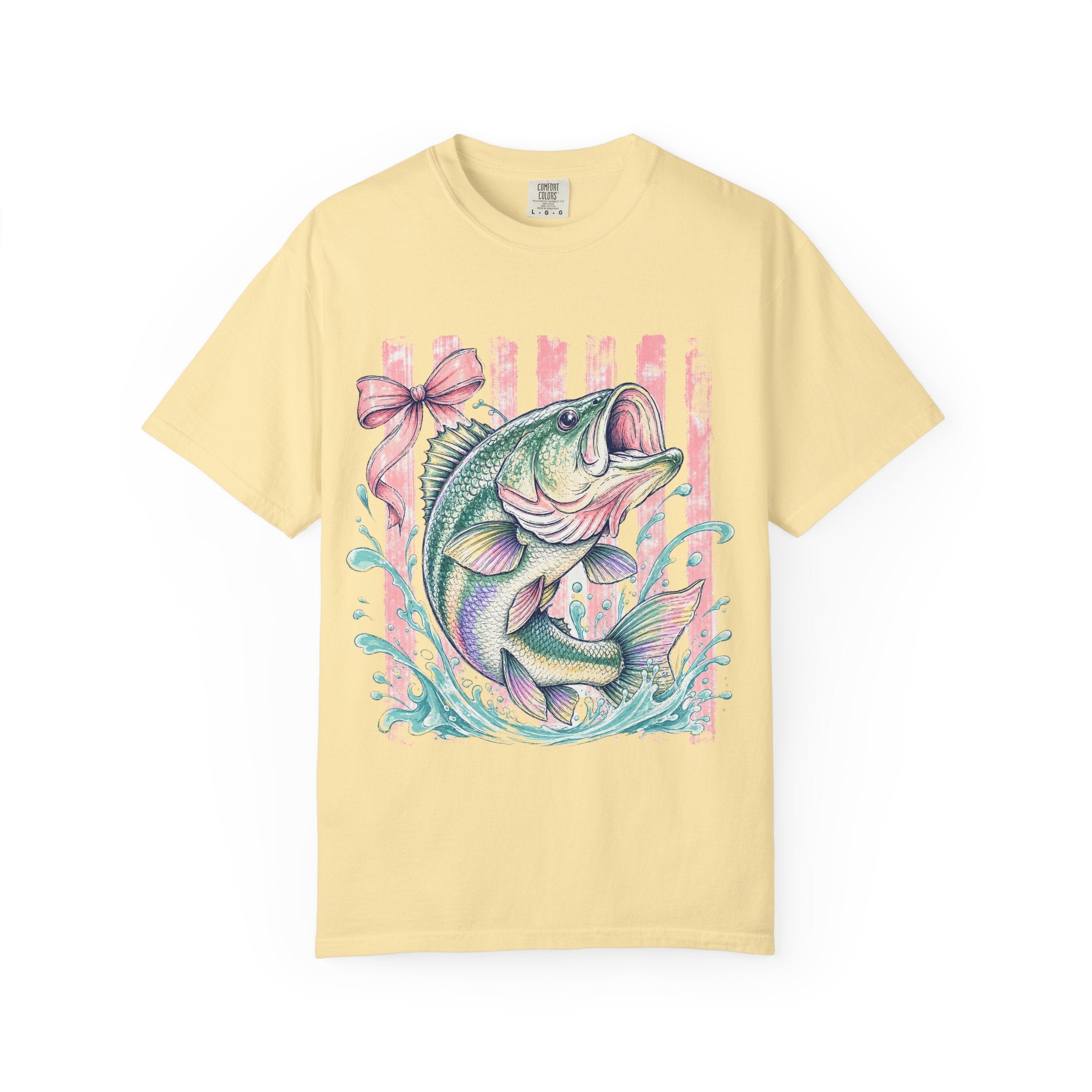 Bass Fish T-Shirt — Pastel Fishing Graphic Tee (Striped Background)