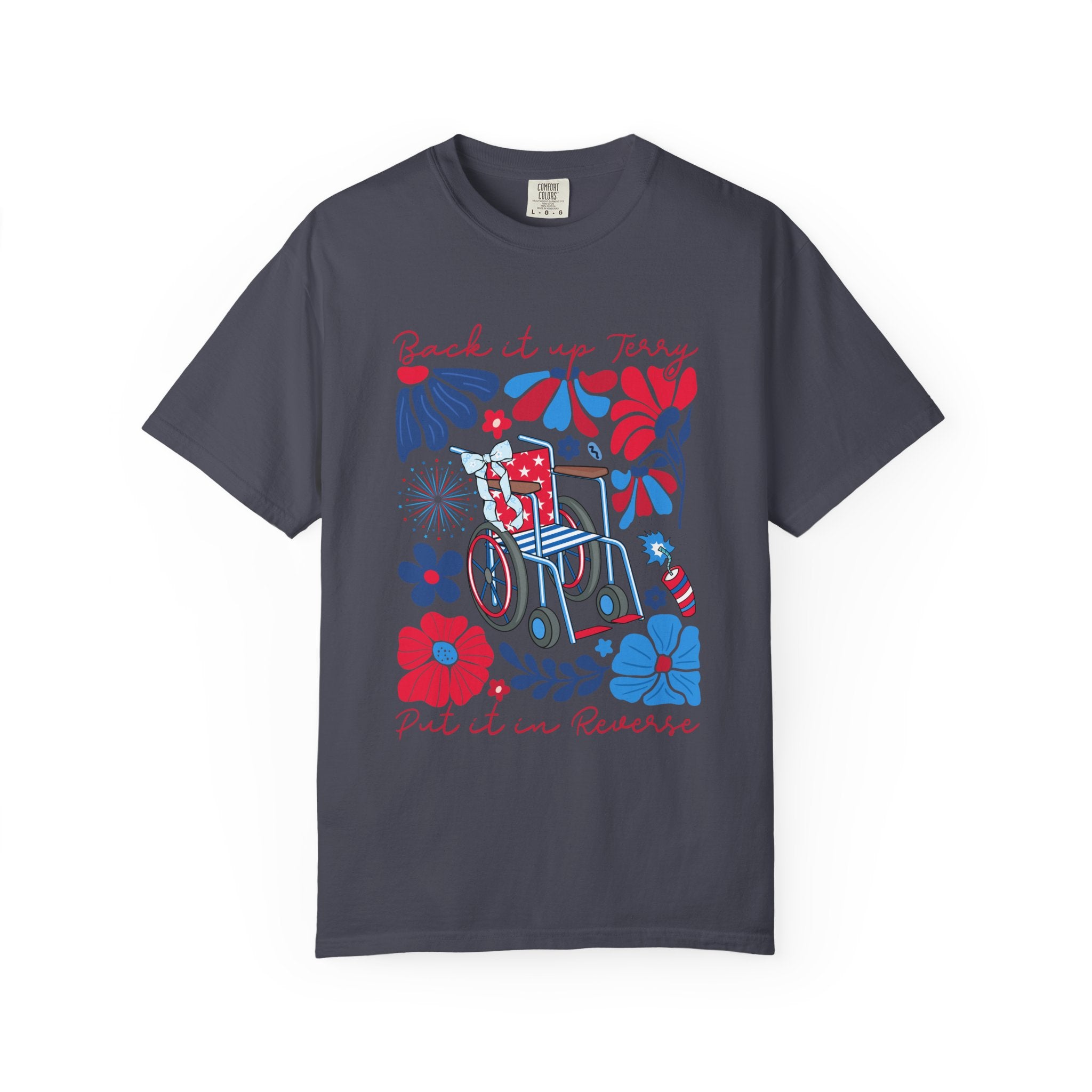 Retro Wheelchair Floral T-Shirt — "Push It in Reverse" Patriotic Graphic Tee