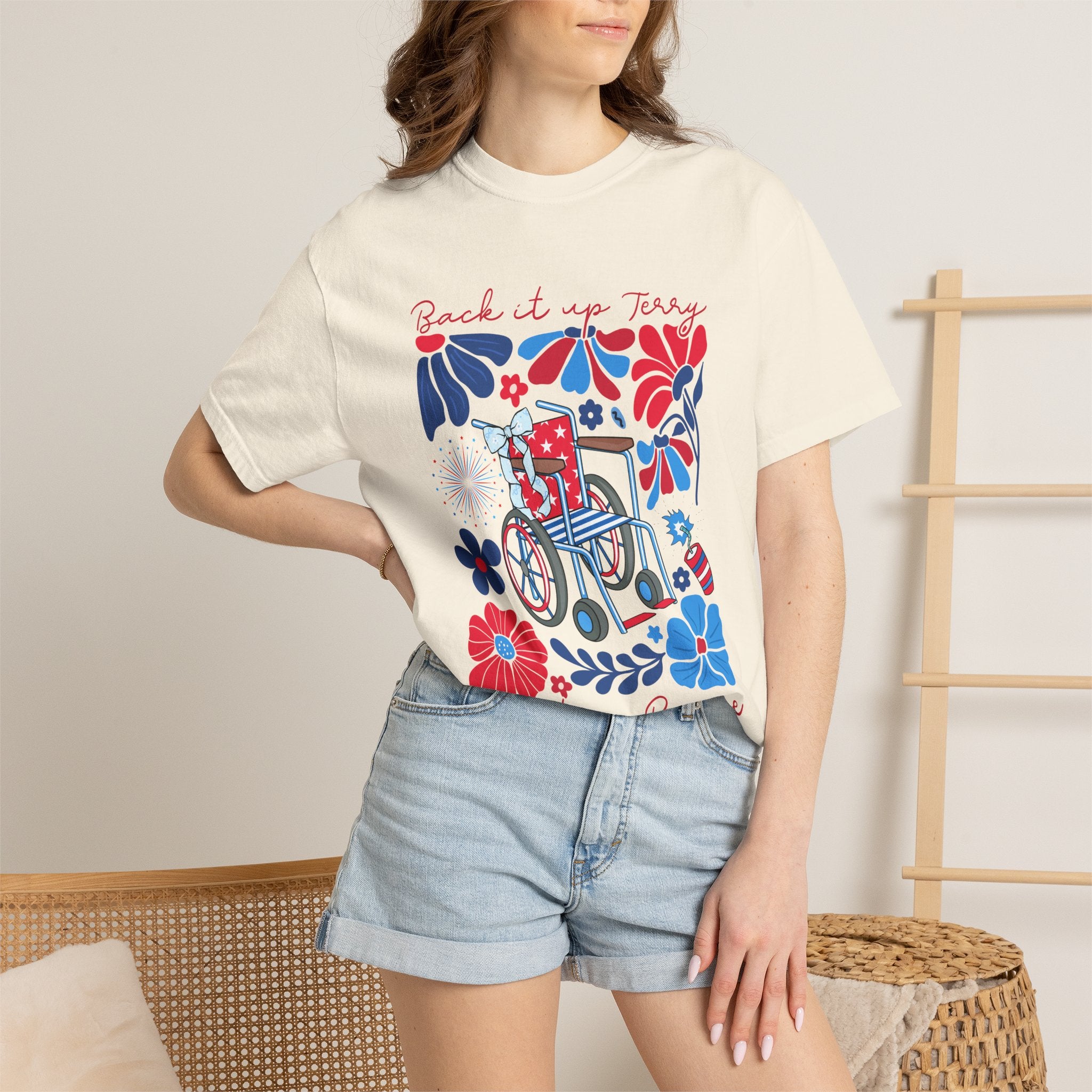 Retro Wheelchair Floral T-Shirt — "Push It in Reverse" Patriotic Graphic Tee