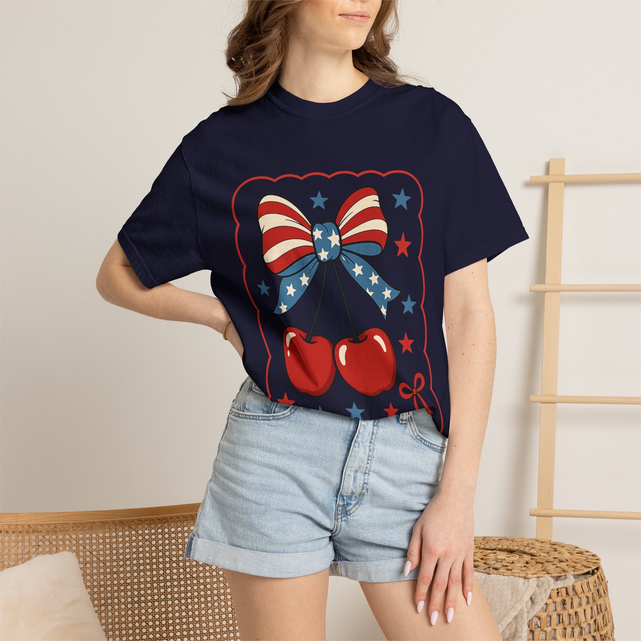 Patriotic Cherry Bow T-Shirt — American Flag Stars & Stripes Graphic