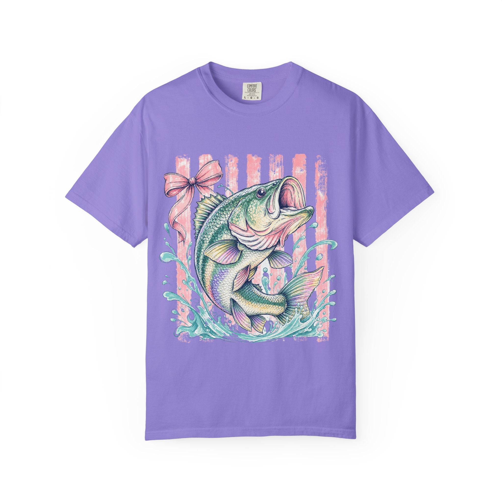 Bass Fish T-Shirt — Pastel Fishing Graphic Tee (Striped Background)