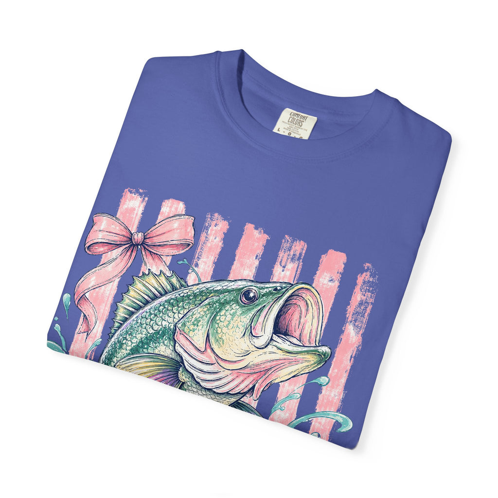 Bass Fish T-Shirt — Pastel Fishing Graphic Tee (Striped Background)