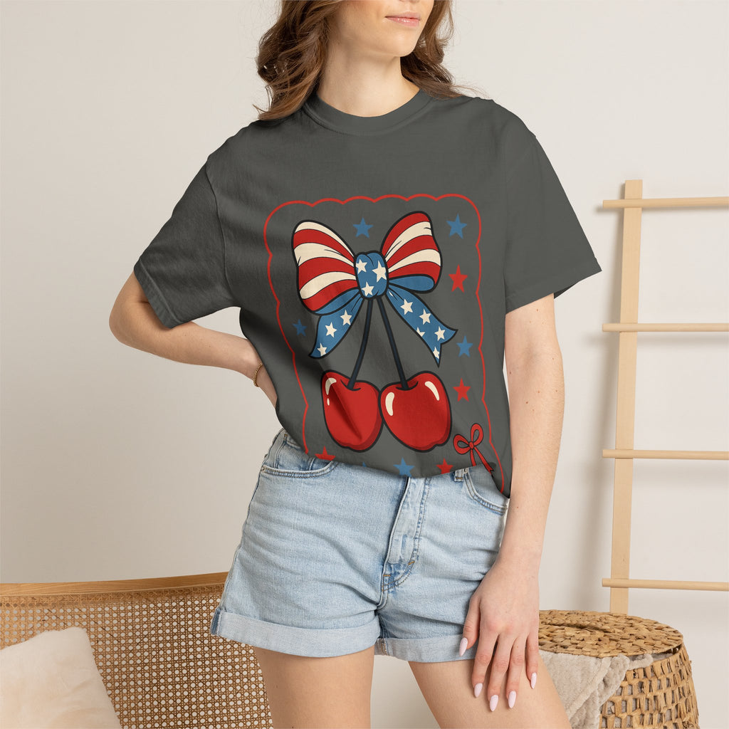 Patriotic Cherry Bow T-Shirt — American Flag Stars & Stripes Graphic