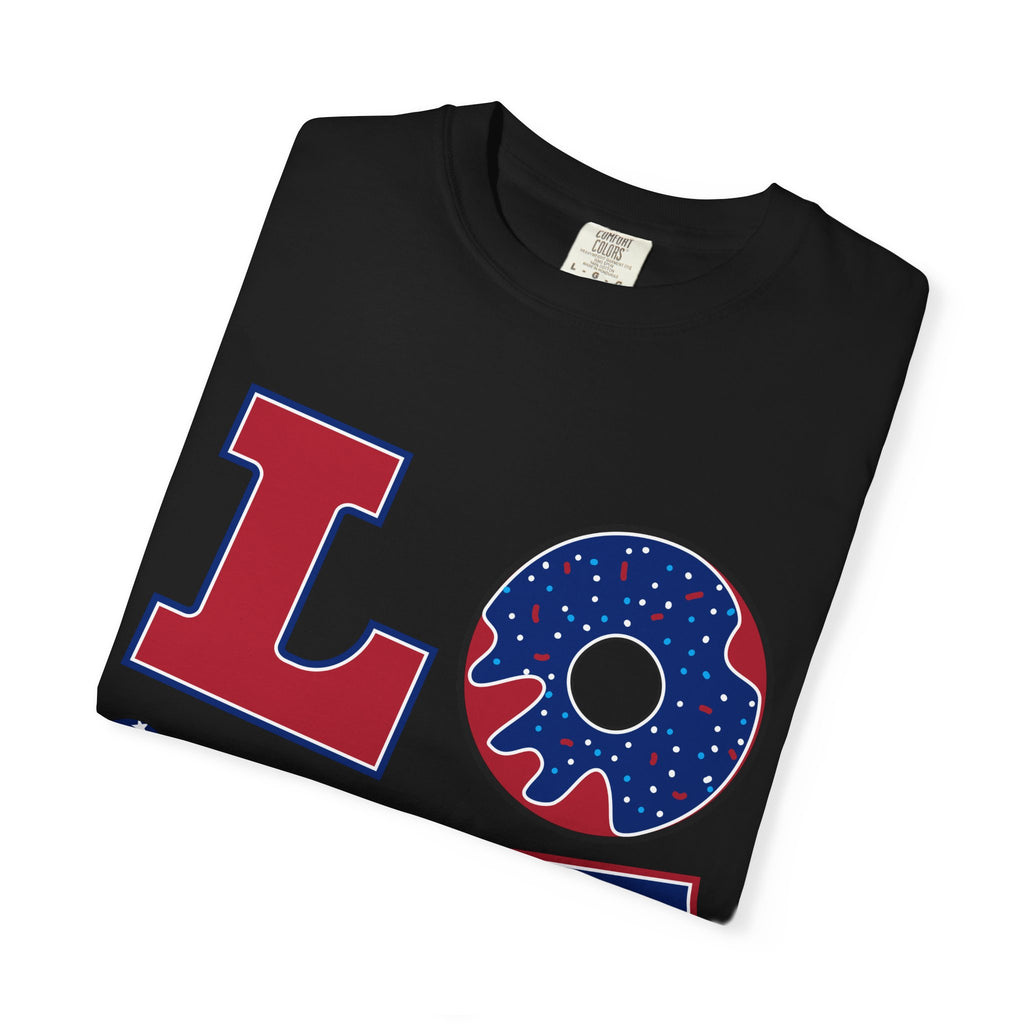 Patriotic 'LOVE' Graphic T-Shirt — American Flag Donut & Flip-Flop Design