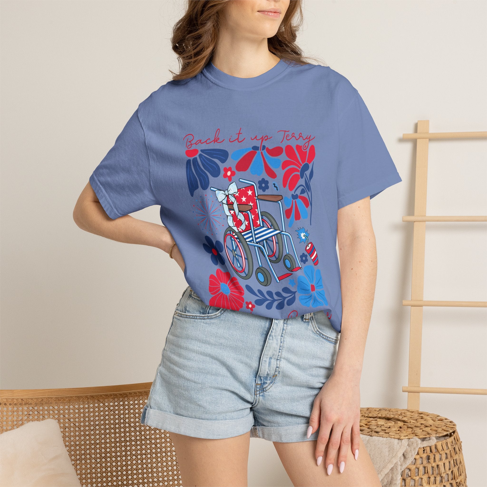 Retro Wheelchair Floral T-Shirt — "Push It in Reverse" Patriotic Graphic Tee