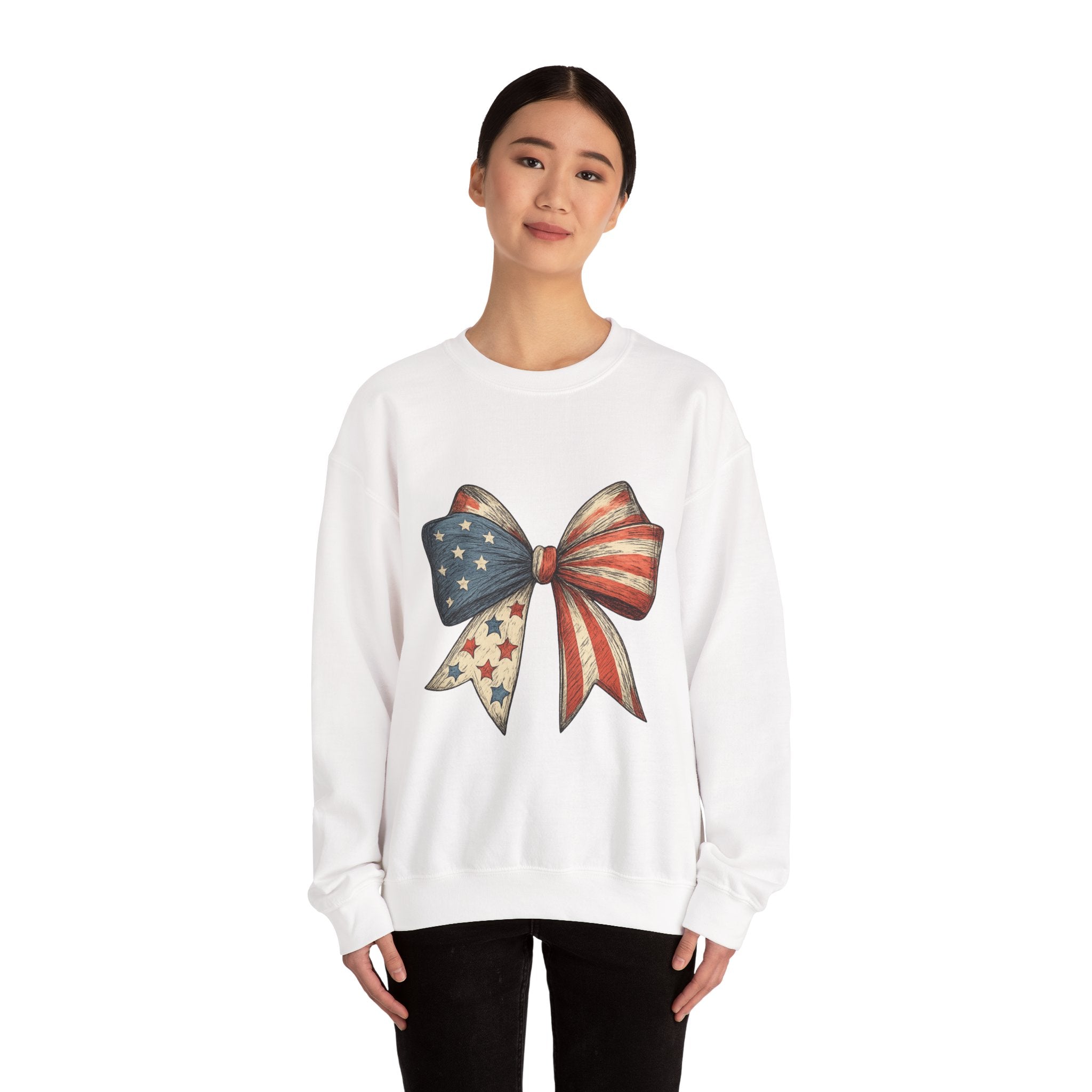 American Flag Bow Crewneck Sweatshirt — Patriotic Stars & Stripes Pullover