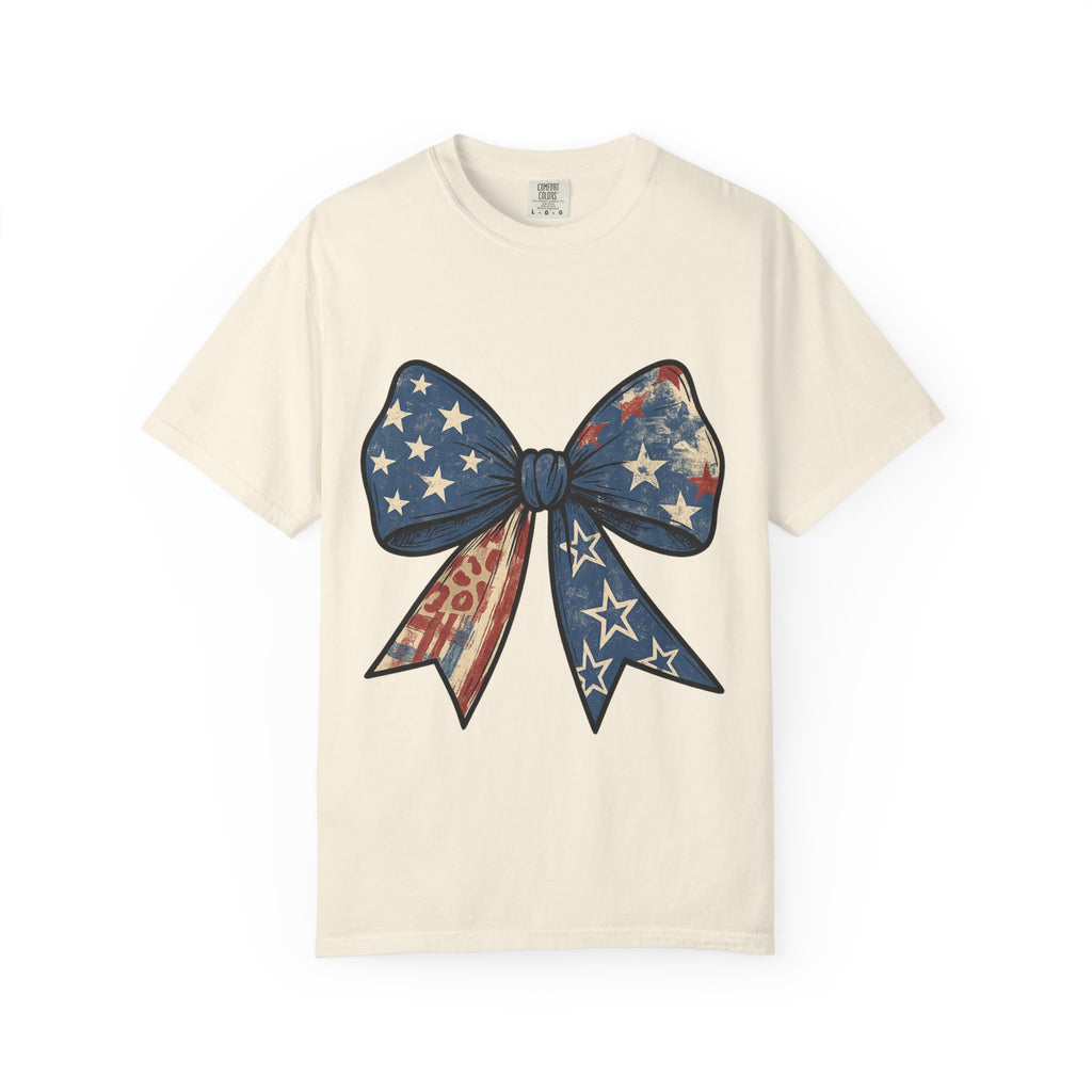 Patriotic Bow T-Shirt — American Flag Bow Graphic Tee for 4th of July