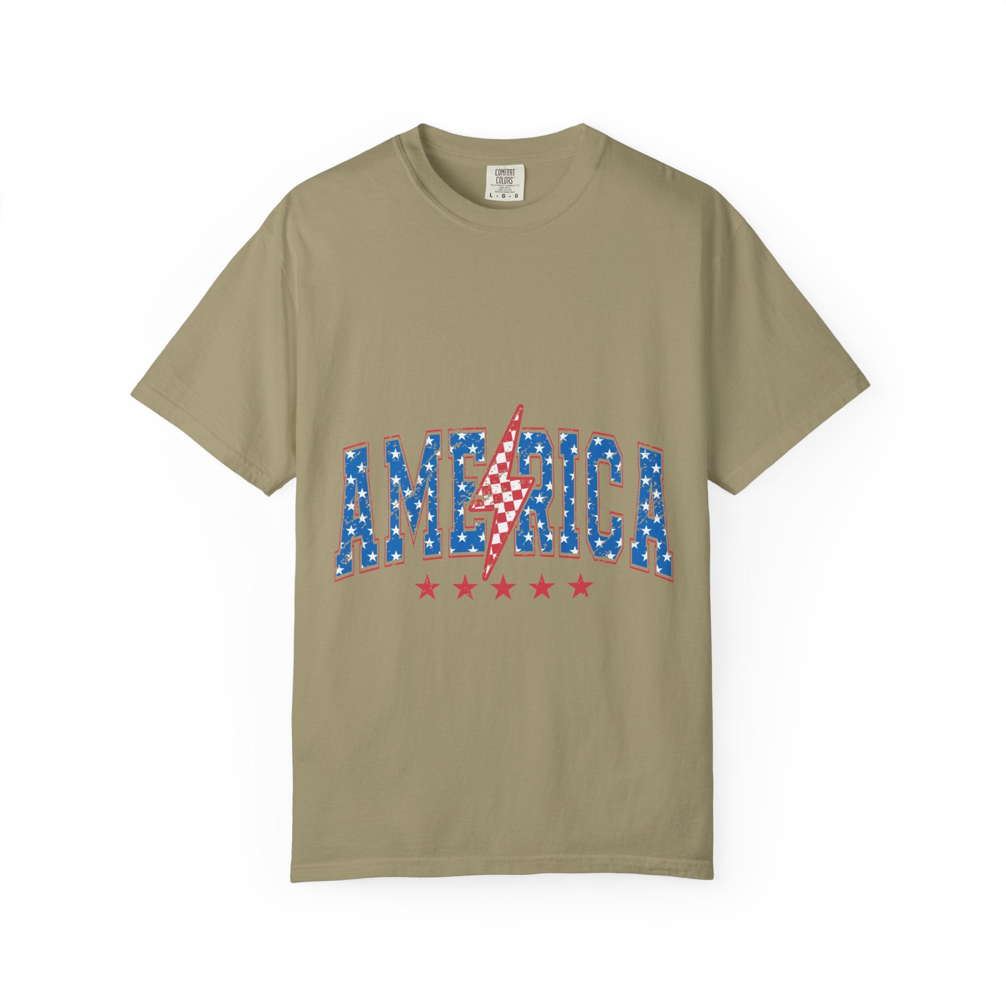 America Lightning Bolt T-Shirt — Patriotic USA Flag Print with Stars