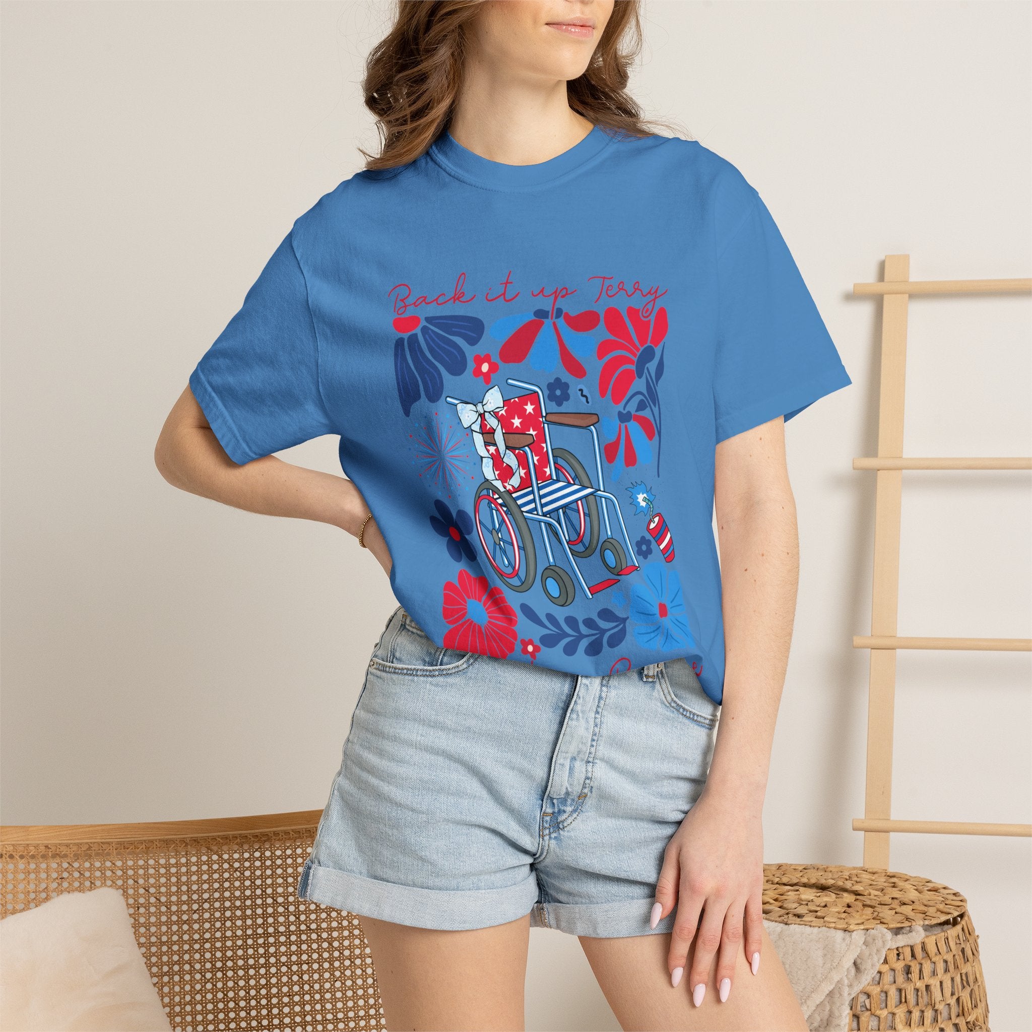 Retro Wheelchair Floral T-Shirt — "Push It in Reverse" Patriotic Graphic Tee