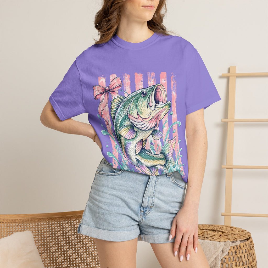 Bass Fish T-Shirt — Pastel Fishing Graphic Tee (Striped Background)