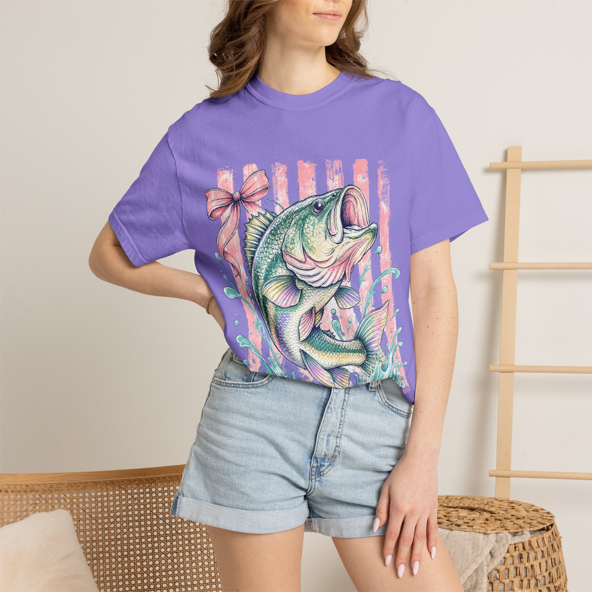 Bass Fish T-Shirt — Pastel Fishing Graphic Tee (Striped Background)