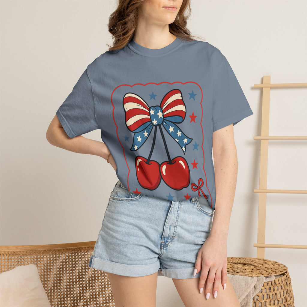 Patriotic Cherry Bow T-Shirt — American Flag Stars & Stripes Graphic