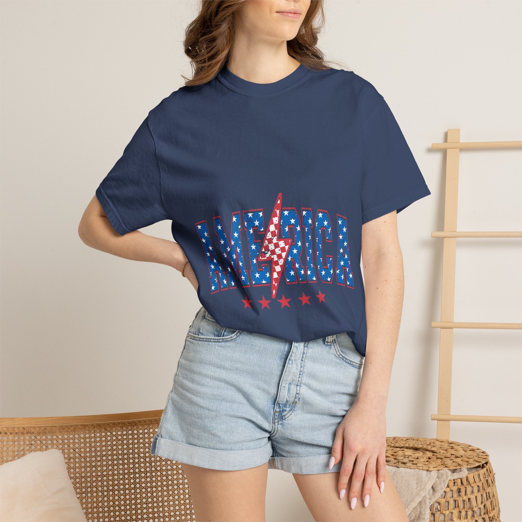 America Lightning Bolt T-Shirt — Patriotic USA Flag Print with Stars