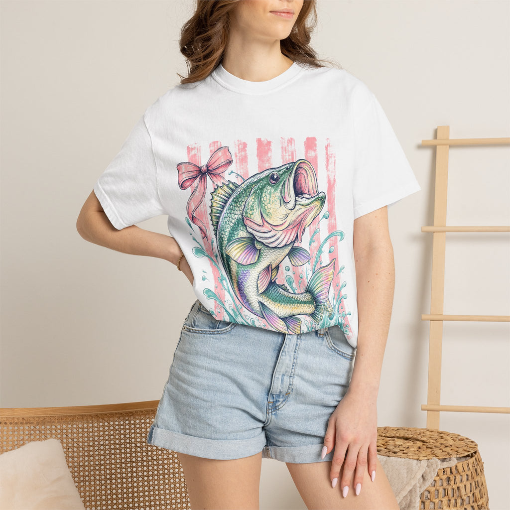 Bass Fish T-Shirt — Pastel Fishing Graphic Tee (Striped Background)