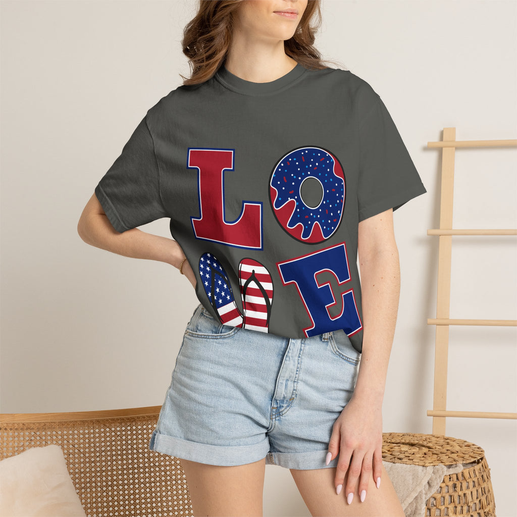 Patriotic 'LOVE' Graphic T-Shirt — American Flag Donut & Flip-Flop Design