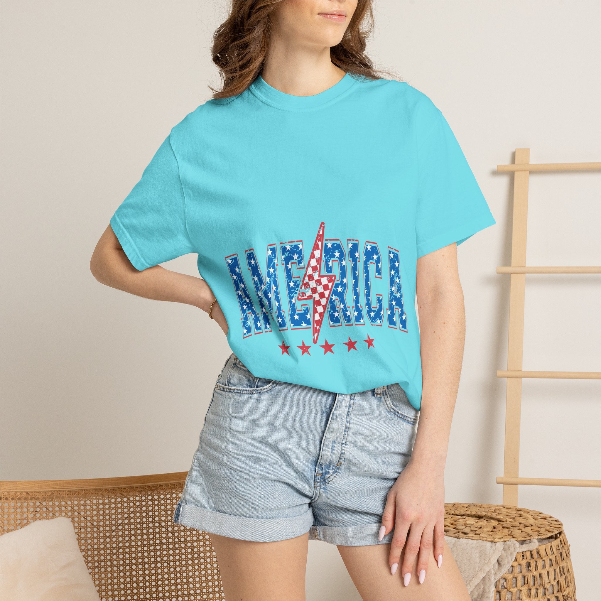 America Lightning Bolt T-Shirt — Patriotic USA Flag Print with Stars